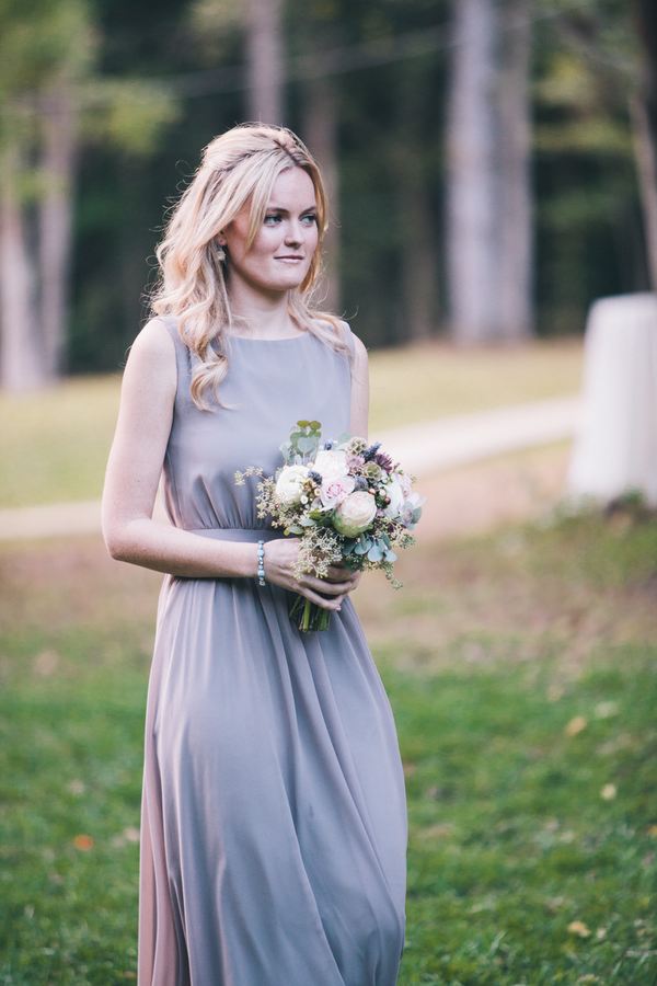 Grey bridesmaid dress with neutral florals // Nashville Wedding Florist