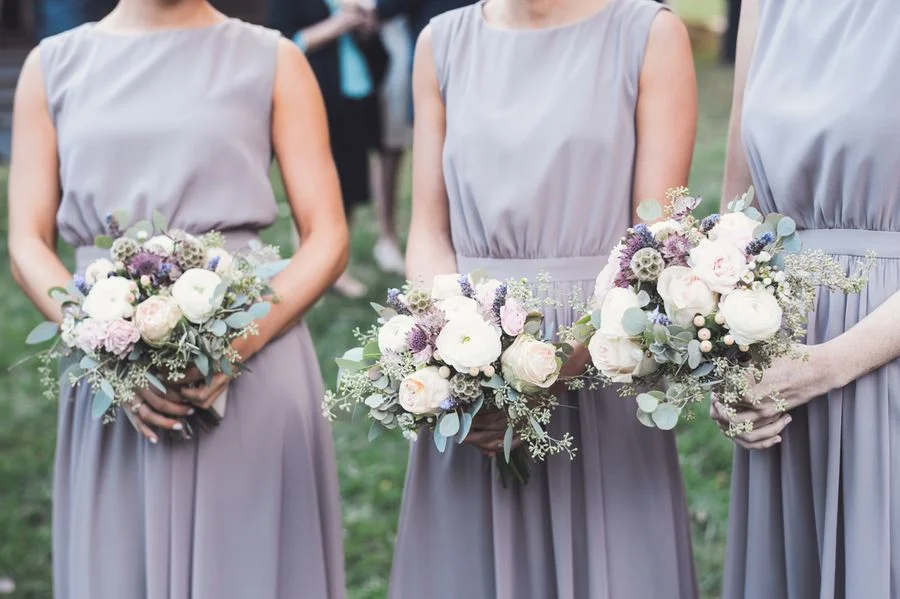 Neutral bridemaid bouquets and grey dresses // Nashville Florist