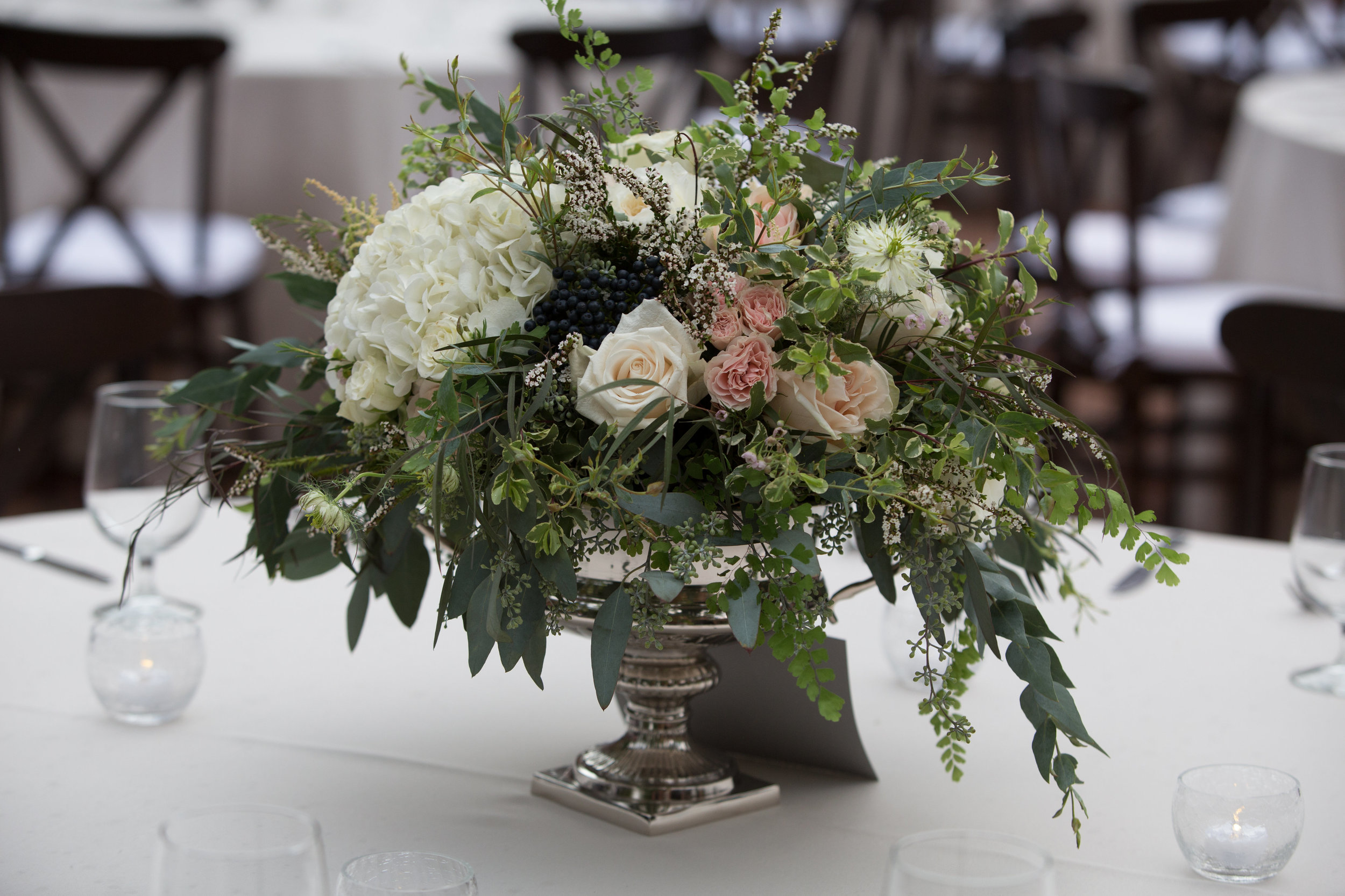 Loose, organic floral arrangement in silver urn // Nashville Florist