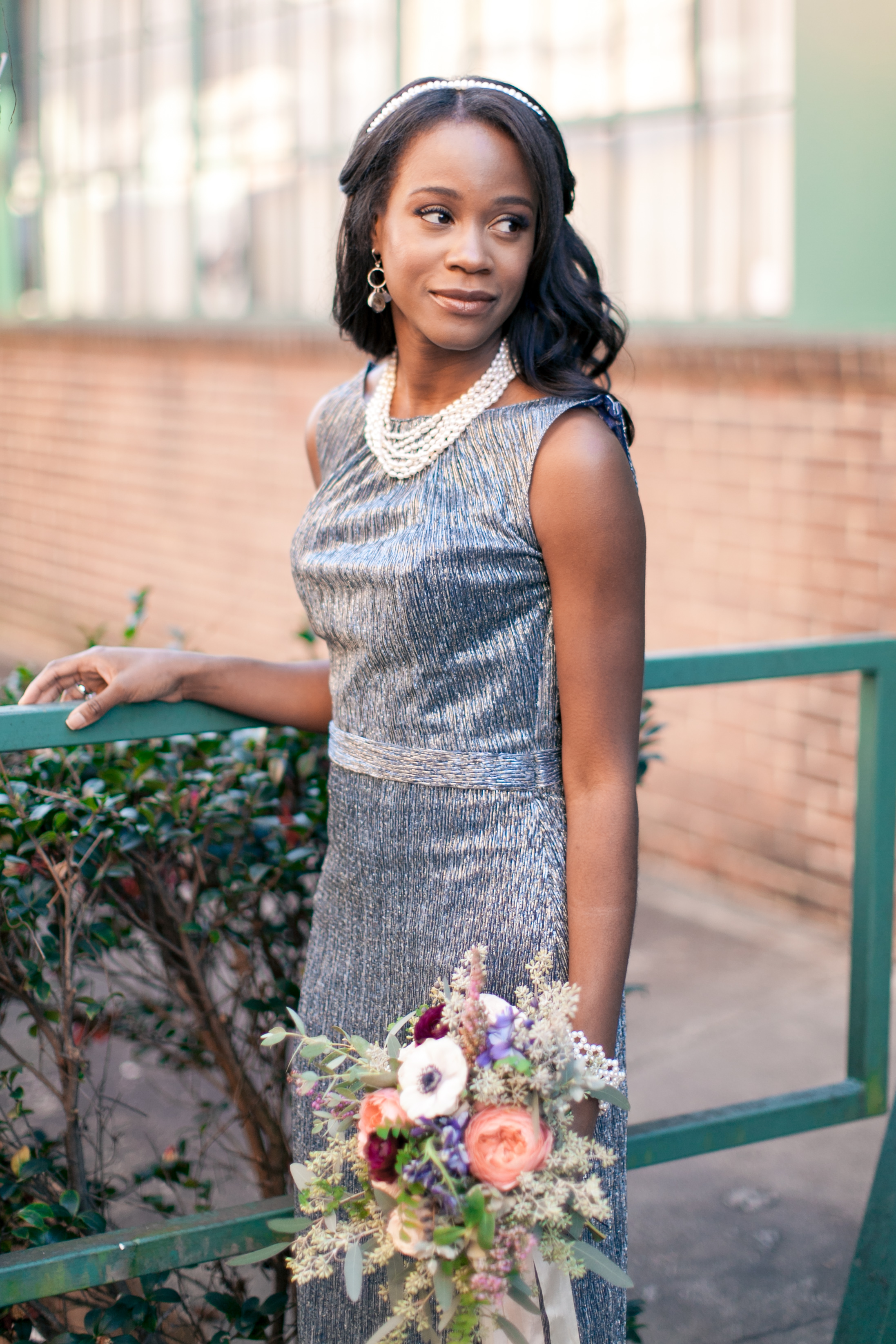 Shimmering bridesmaid dress with lush, natural flowers // Southeast Wedding Floral Designer