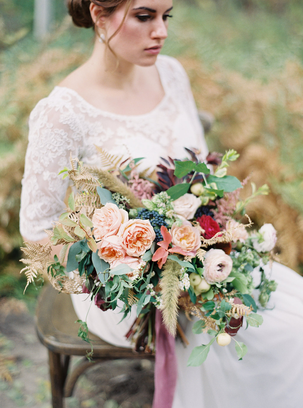 Loose, organic bridal bouquet with garden roses, berries, and hops // Nashville Floral Designer