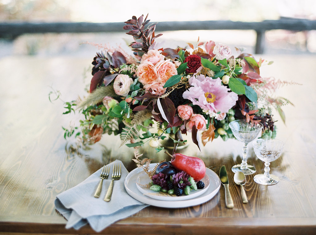 Organic Floral Centerpiece with garden roses and tree peonies