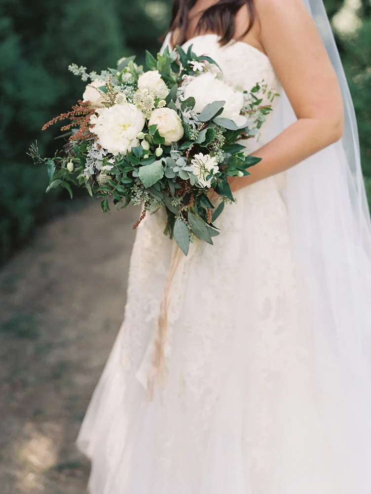 White peonies, lush greenery, blush garden rose bridal bouquet // Southeastern US Destination Floral Design
