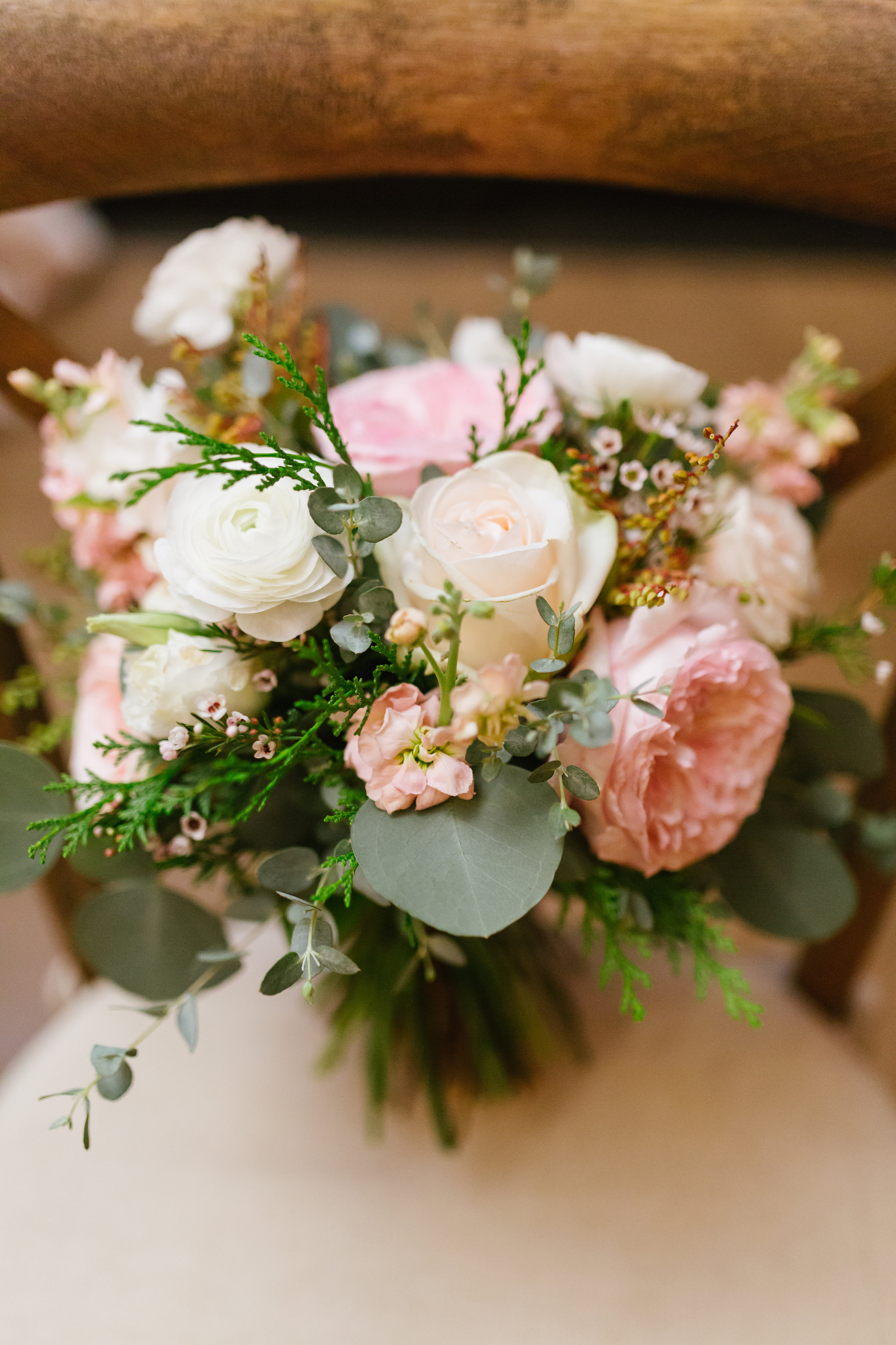 Bridal bouquet with David Austin garden roses and ranunculus