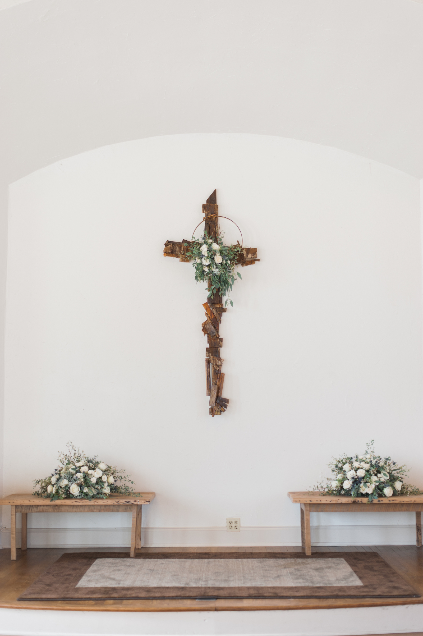 Wedding Ceremony Backdrop Cross with organic greenery and flowers // Southern Wedding Floral Design
