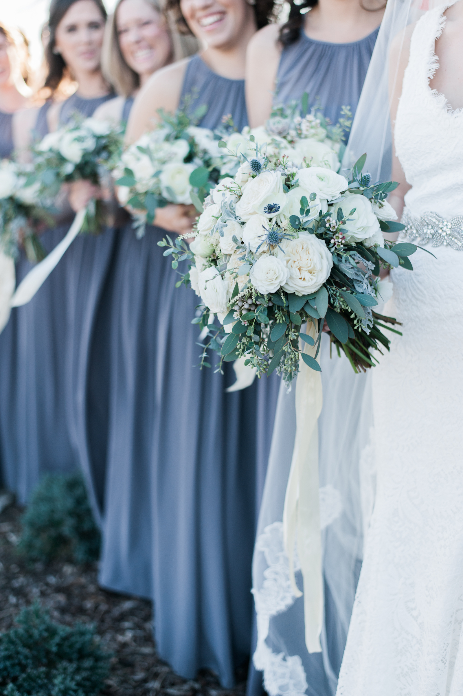 Wintry gray and white bridesmaid style // Organic floral design