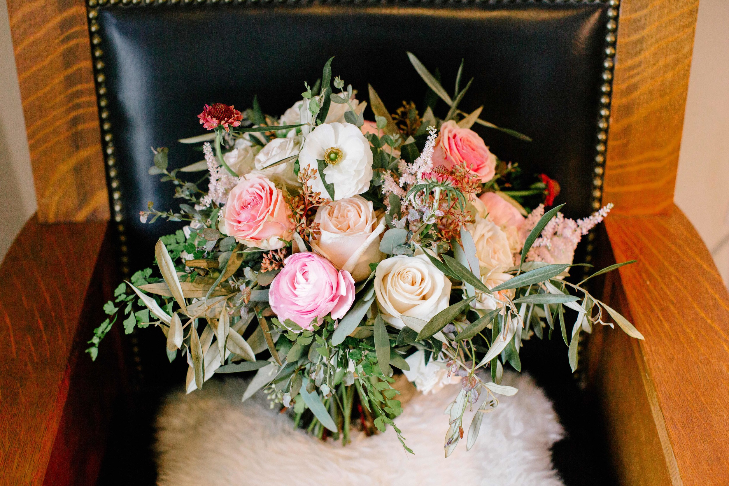 Loose blush and neutral bridal bouquet with hints of raspberry // Nashville Floral Design