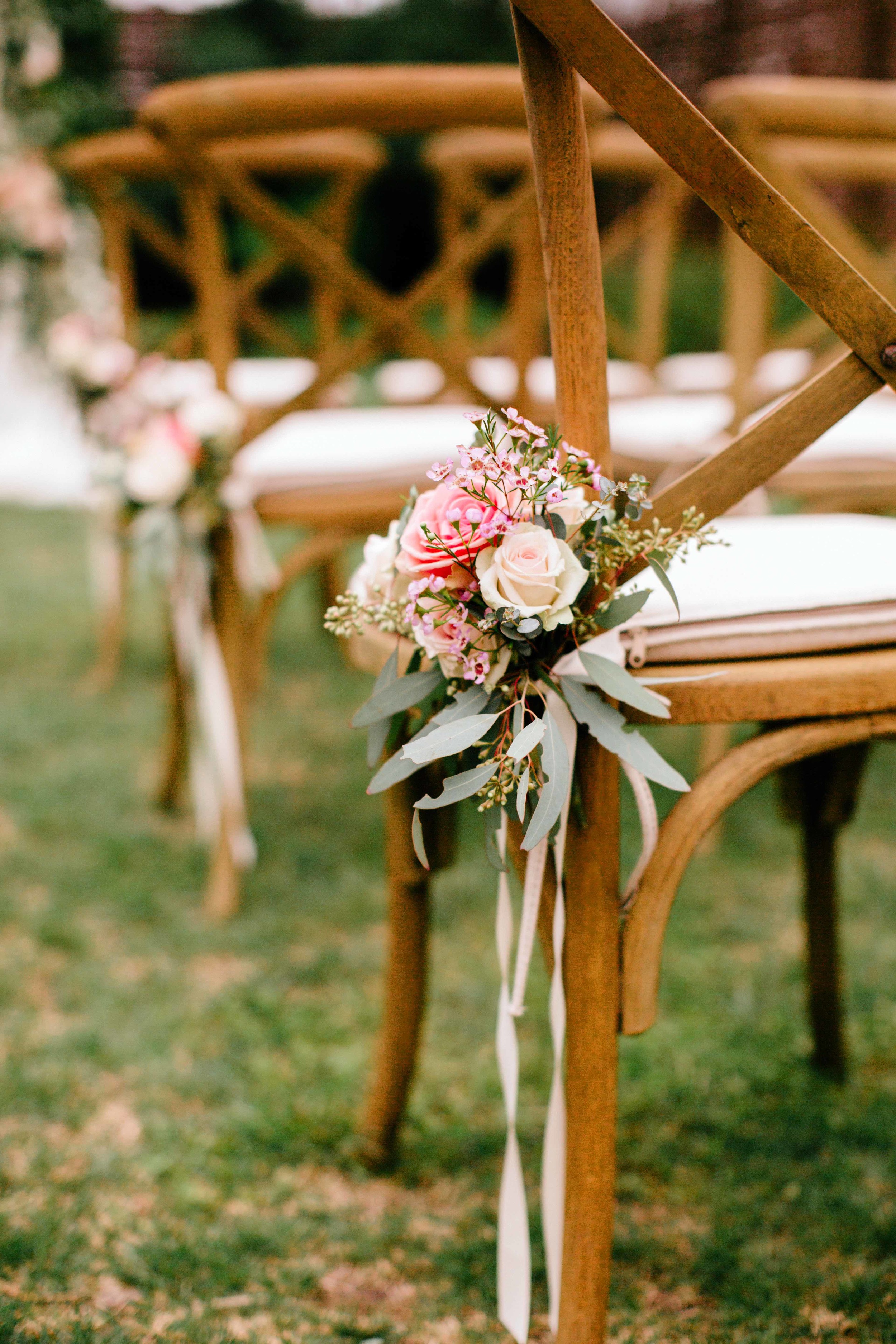 Simple aisle markers tied on with ribbon // Southern Wedding Floral Design