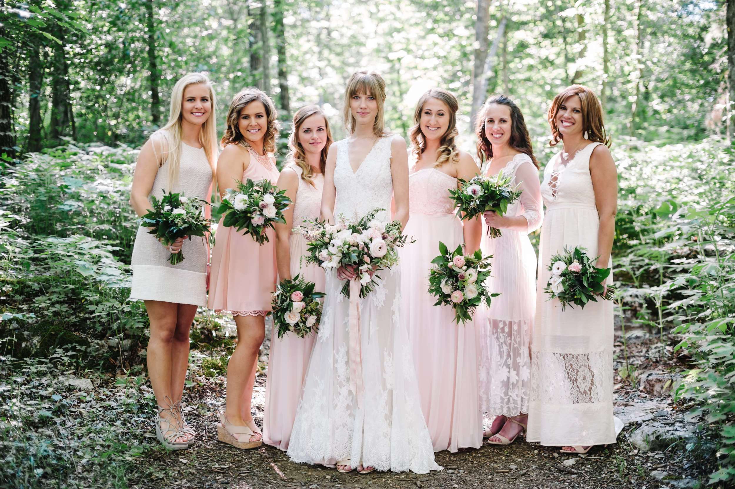 Blush and neutral bridesmaid style // Bridal party portraits in the woods