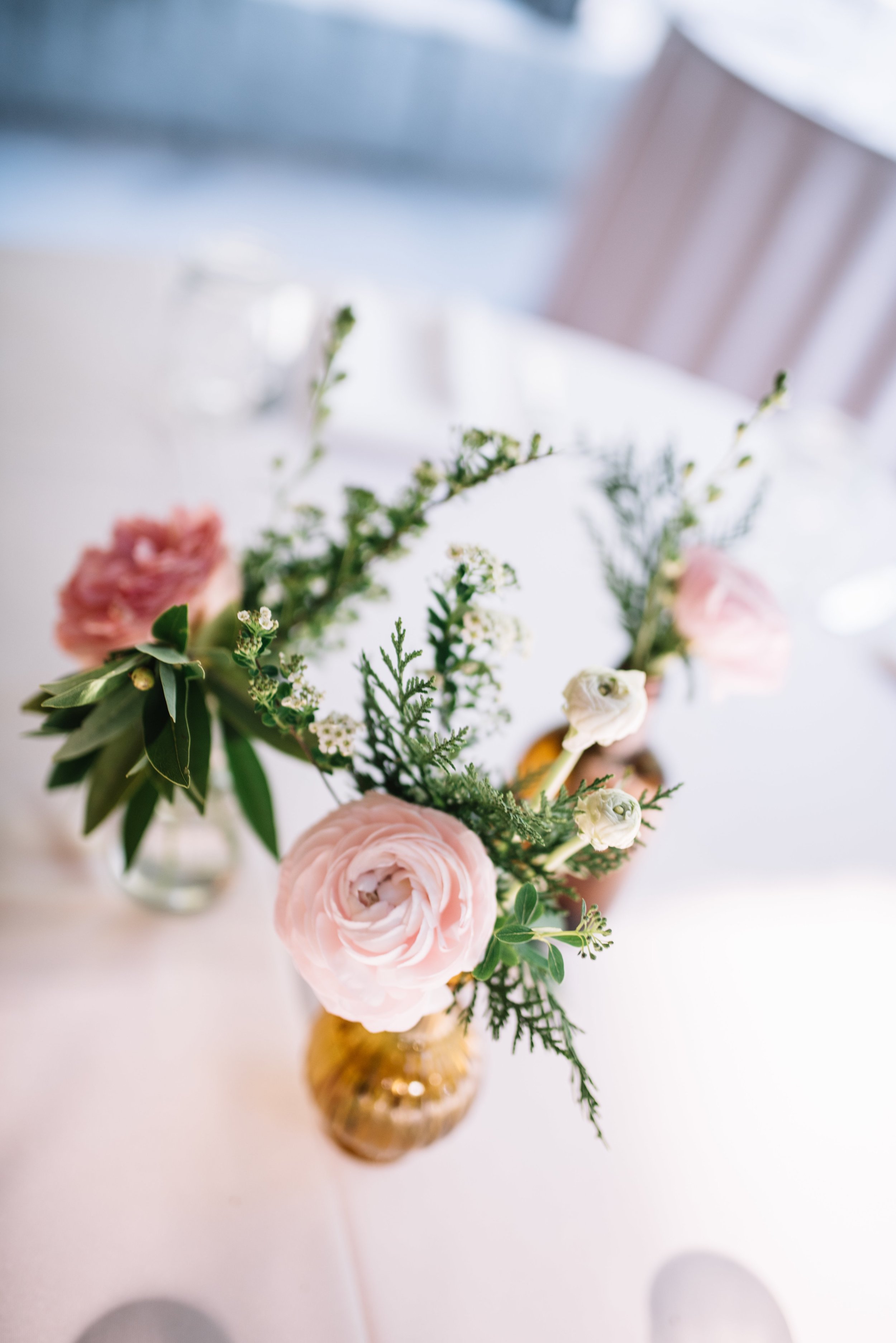 Amber bud vases with blush and white and greenery florals // Nashville Wedding Flowers