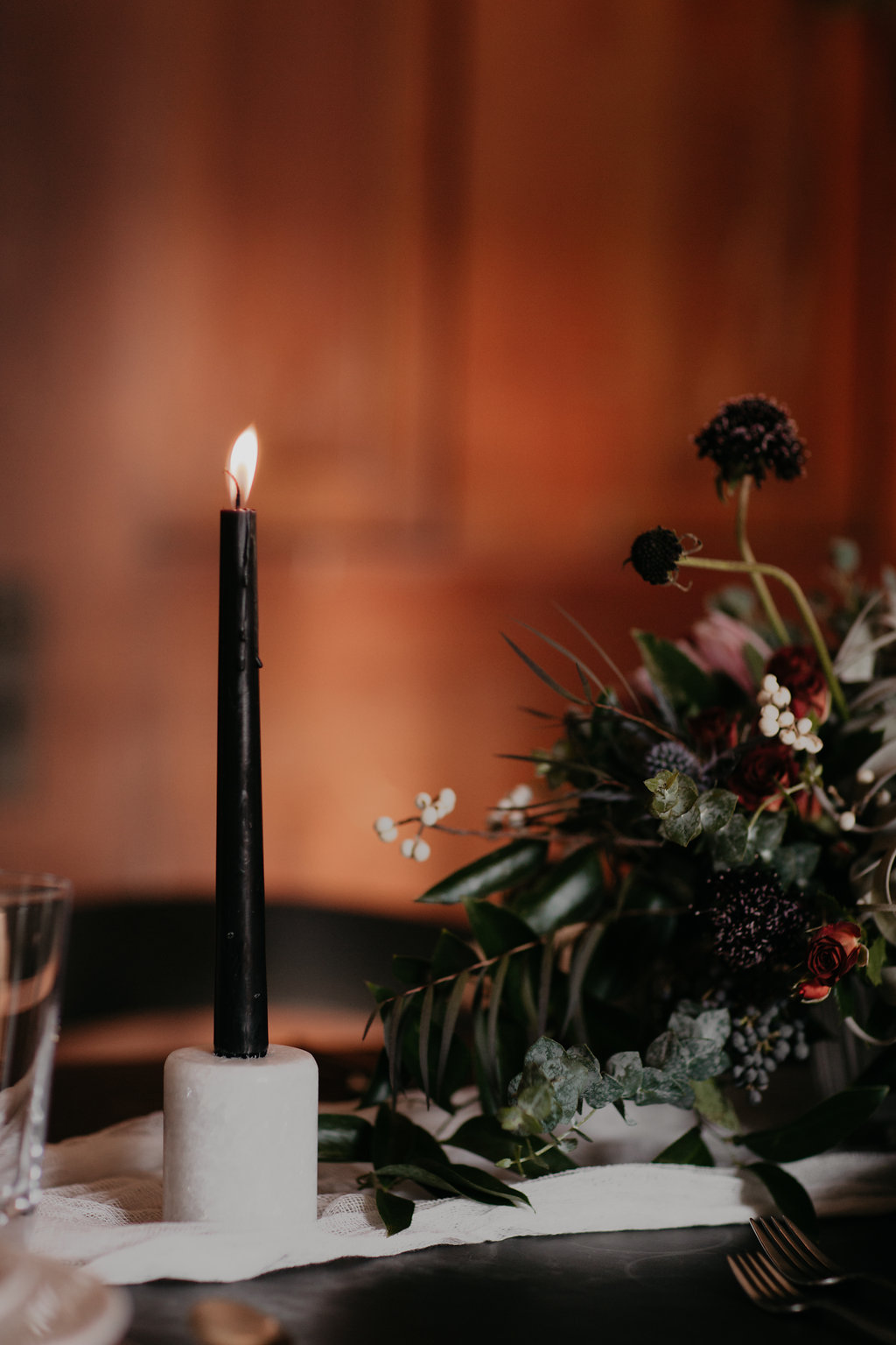 Marble candle holders, lush, wintry floral // Nashville Wedding Florist