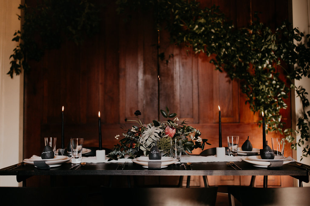 Marble candle holders, lush, wintry floral // Nashville Wedding Florist