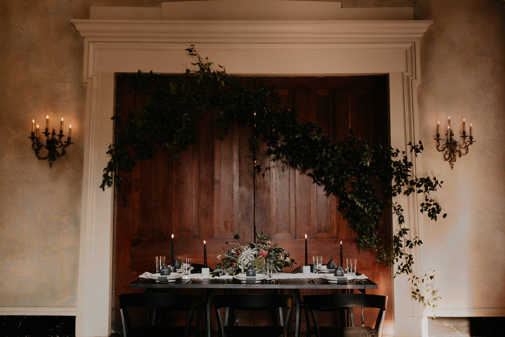 Winter Wedding Inspiration with marble, charcoal, black and gray color palette with lush, untamed greenery // Nashville Wedding Florist