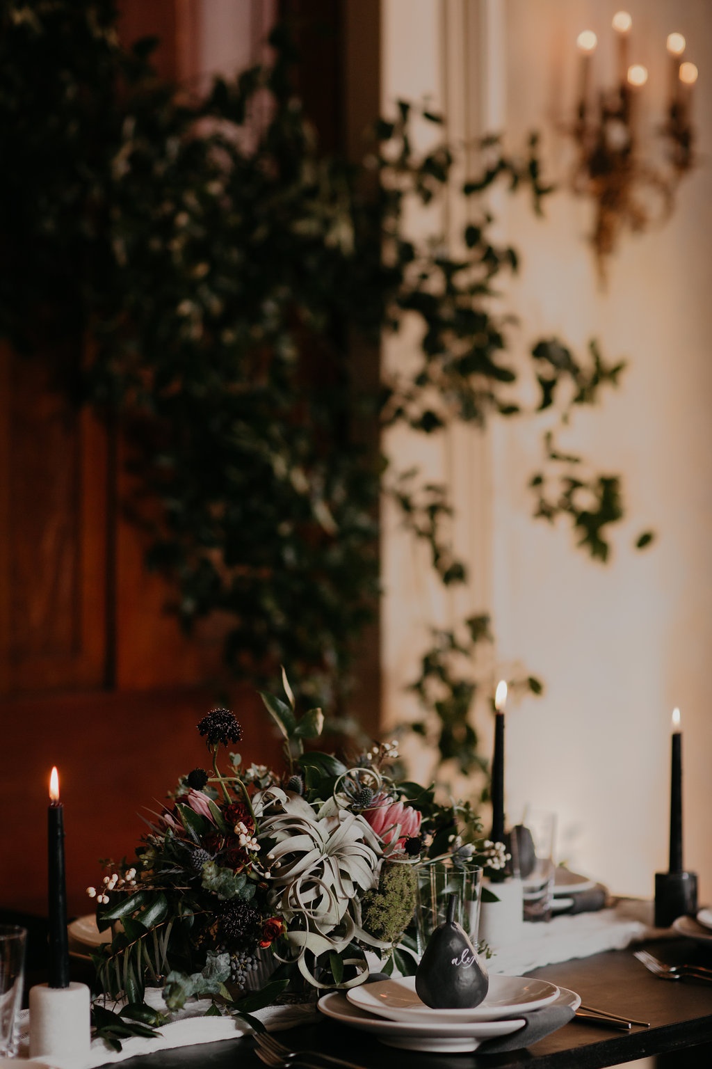 Marble candle holders, lush, wintry floral // Nashville Wedding Florist