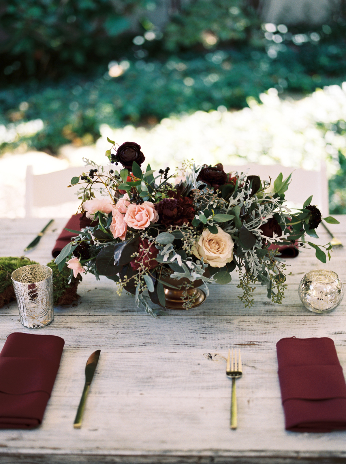 Deep plum ranunculus,  burgundy dahlias, and lush greenery // Nashville Wedding Floral Design