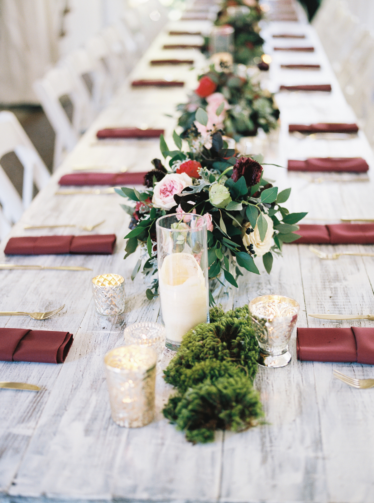 Wine, Marsala, and berry toned wedding flowers with moss accents // Nashville Florist