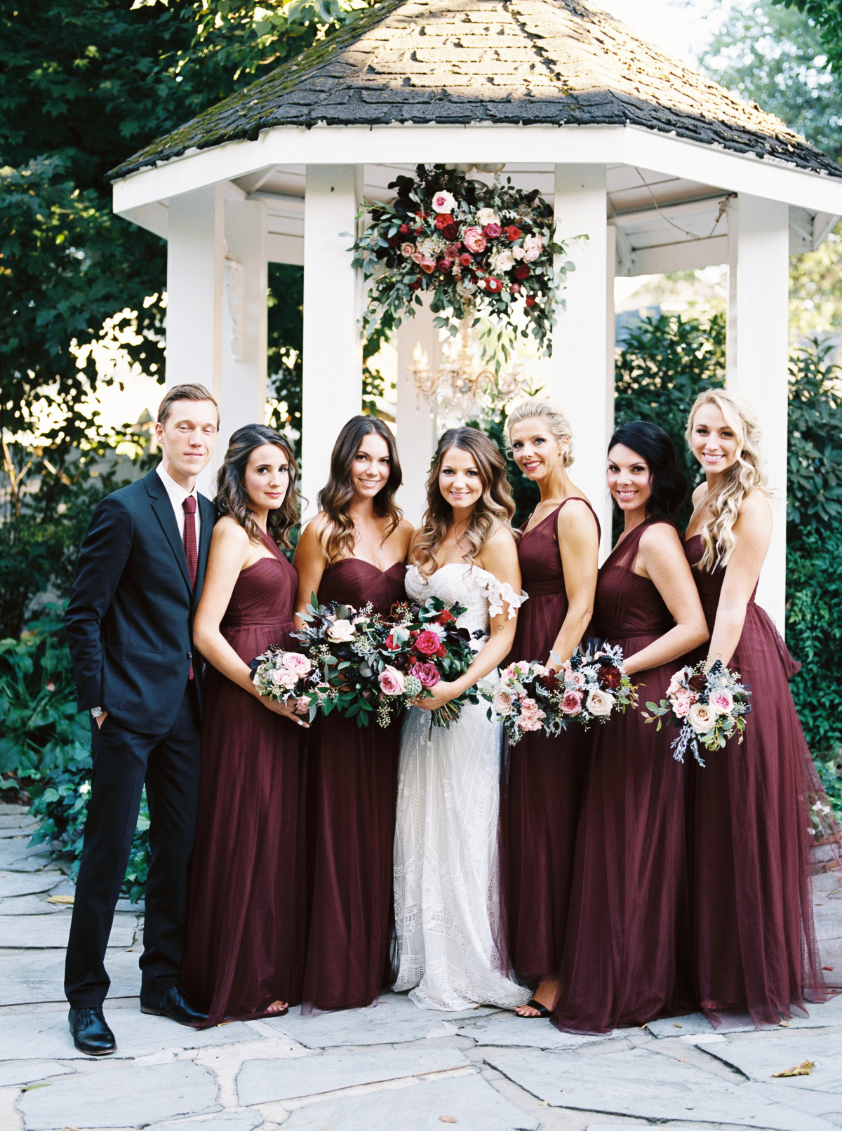 Wine colored bridesmaid dresses // White Gazebo Wedding // Nashville Florist