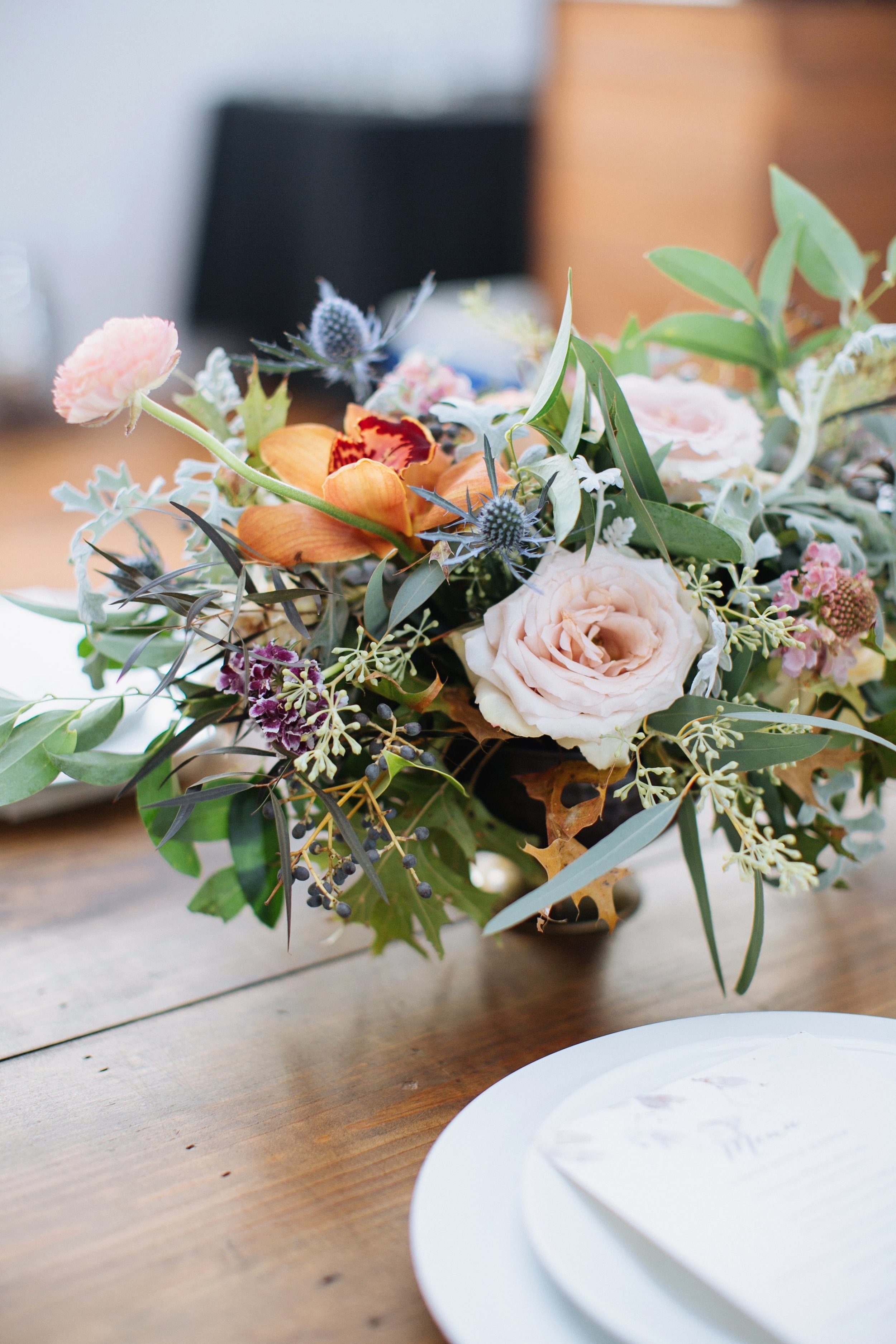 Natural floral centerpiece with garden roses and ranunculus // Nashville Wedding Floral Design