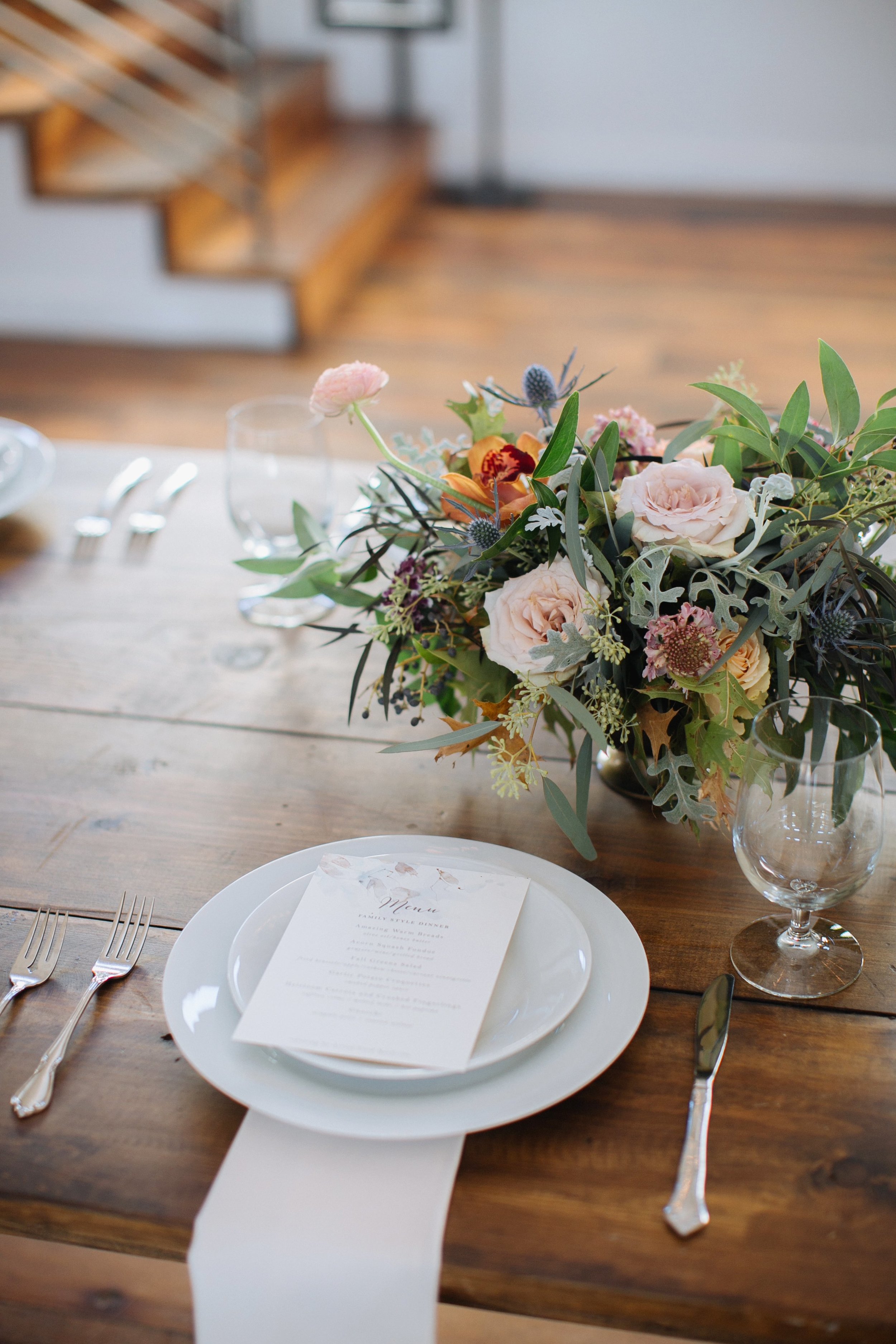 Whimsical, organic centerpiece with neutral, blush, and copper tones // Nashville Wedding Florist