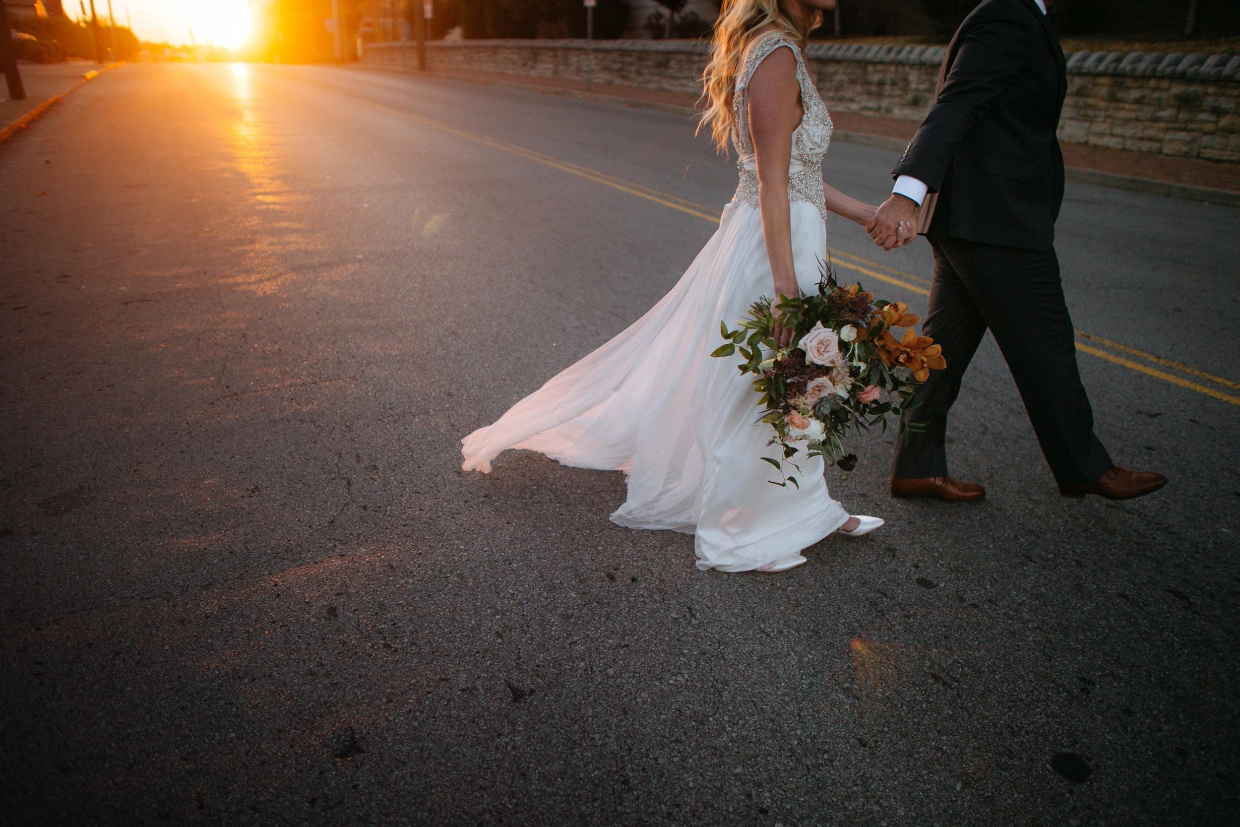 Sunset newlywed portraits with lush, romantic bouquet in blush and copper hues // Nashville Florist
