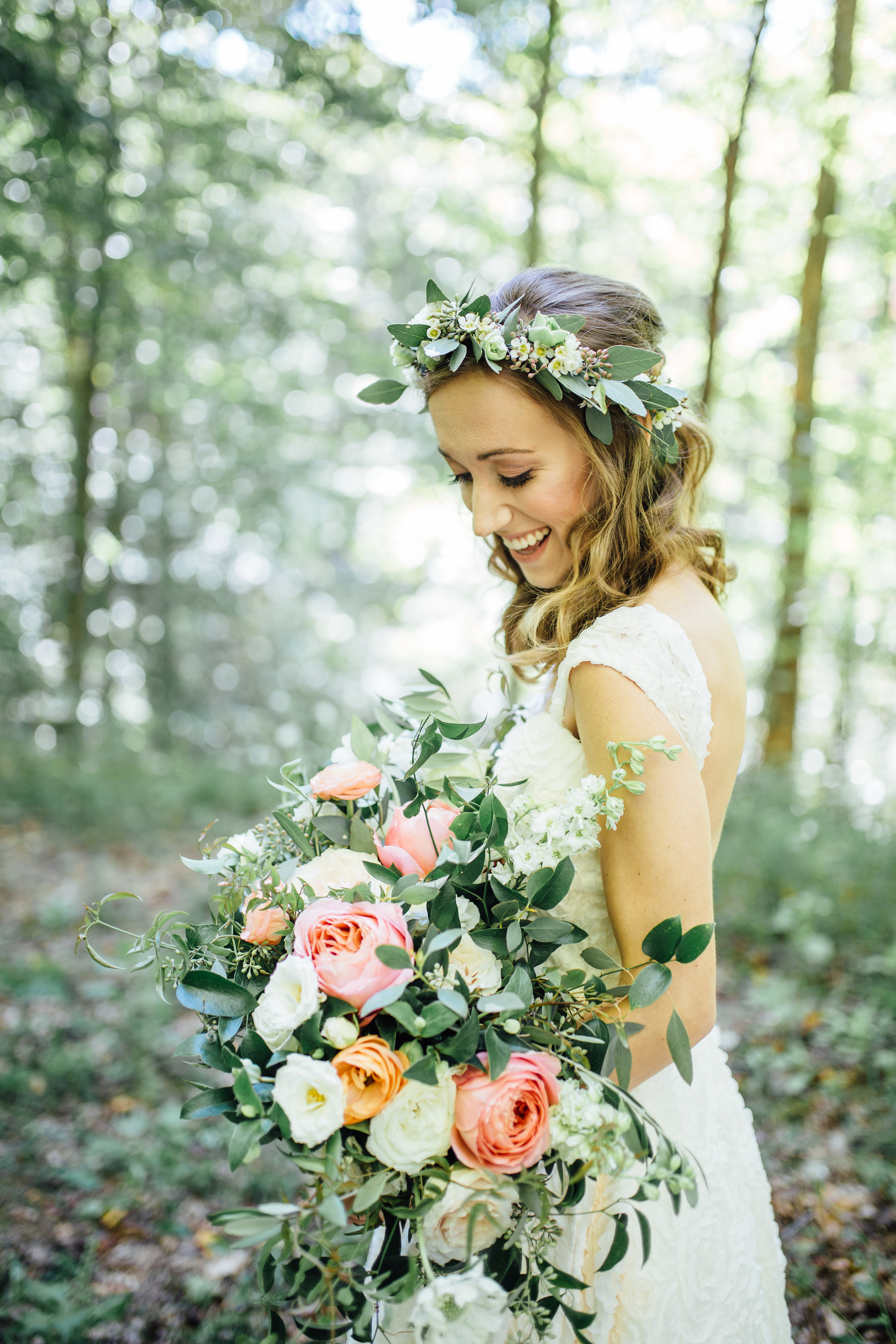 Natural, organic bridal bouquet with garden roses and ranunculus and flower crown // Nashville Wedding Florist