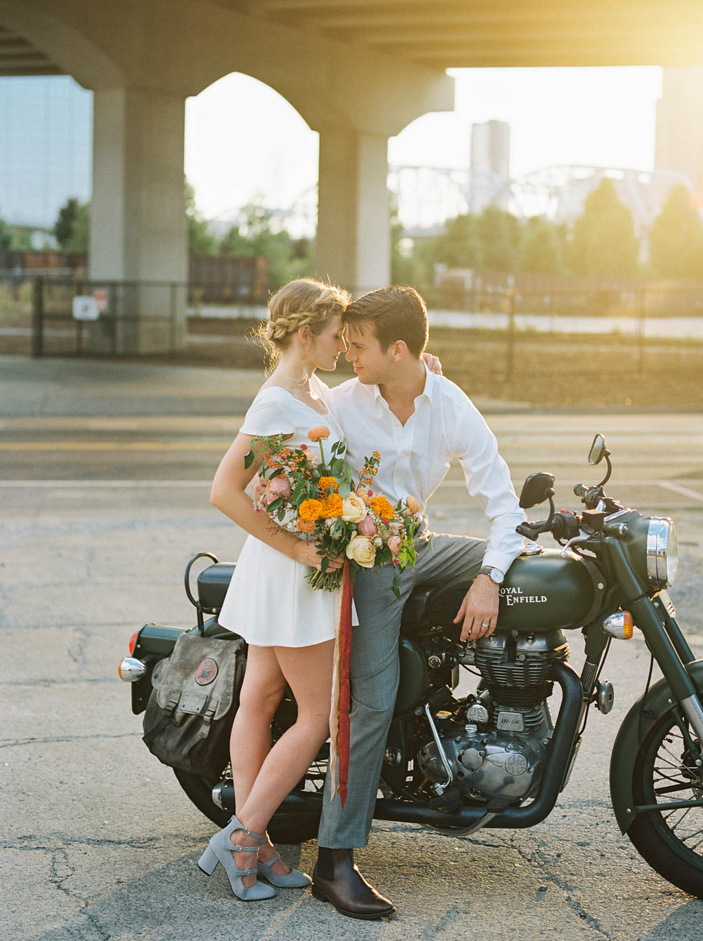 Retro elopement wedding inspiration with a motorcycle and colorful flowers // Nashville Wedding Florist