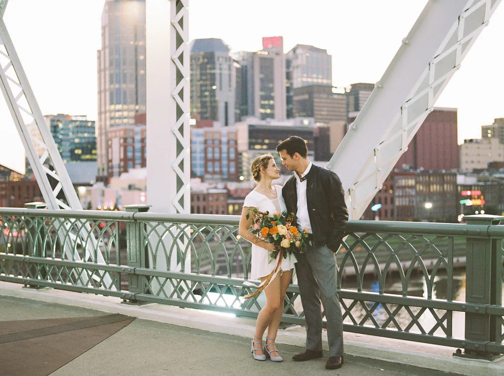 Downtown Nashville Retro Elopement with Motorcycle // Nashville Wedding Floral Design