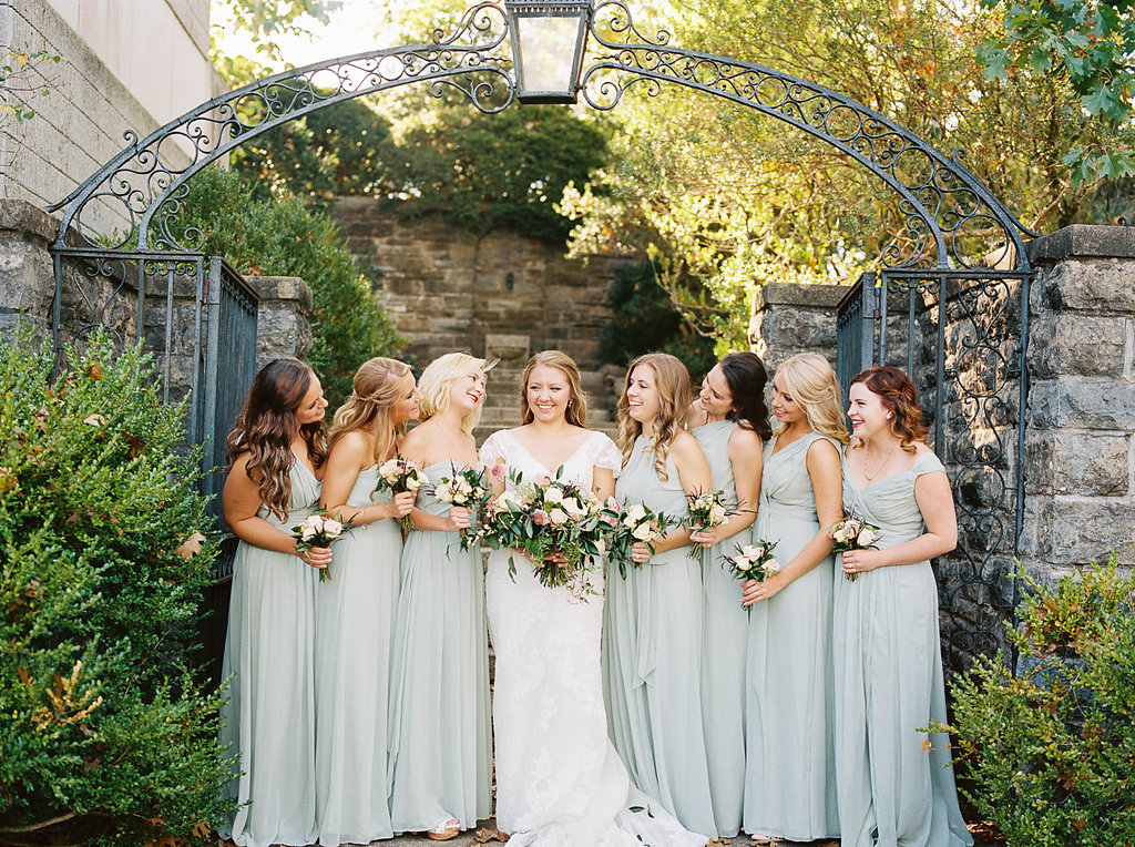Seafoam blue bridesmaid dresses for a botanic garden wedding with organic floral design, Nashville