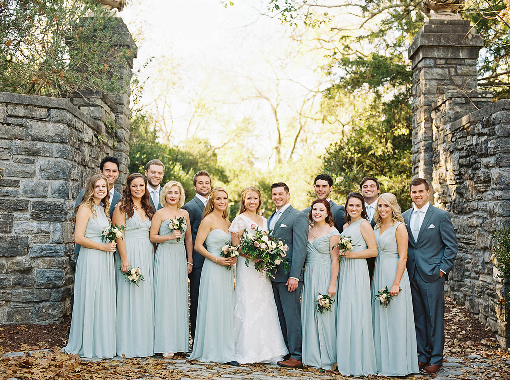 Seafoam blue bridesmaid dresses for a botanic garden wedding with organic floral design, Nashville