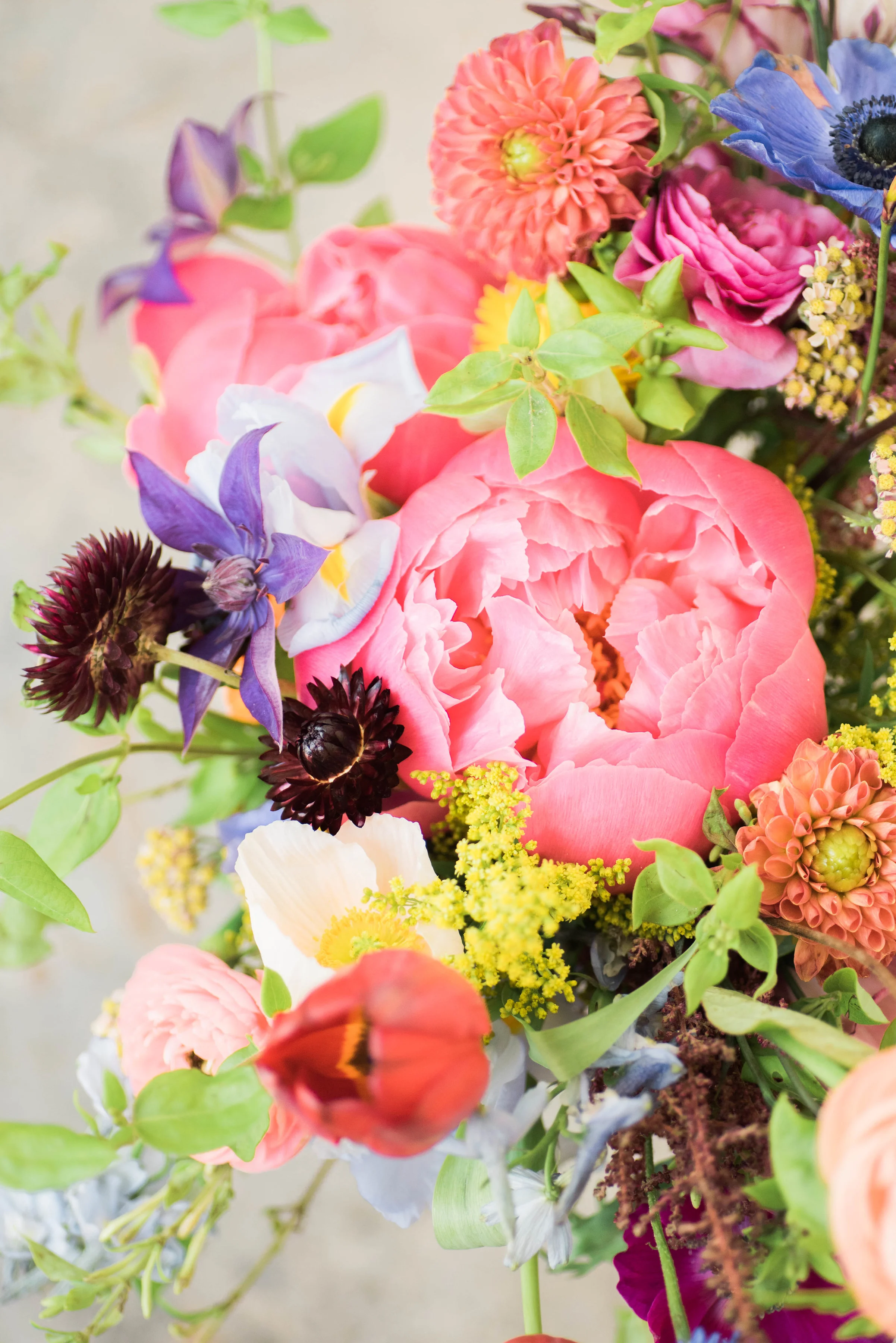 Natural, wildflower style bridal bouquet with peonies, strawflower, anemones, dahlias, ranunculus // Chagall inspired wedding flower in Nashville