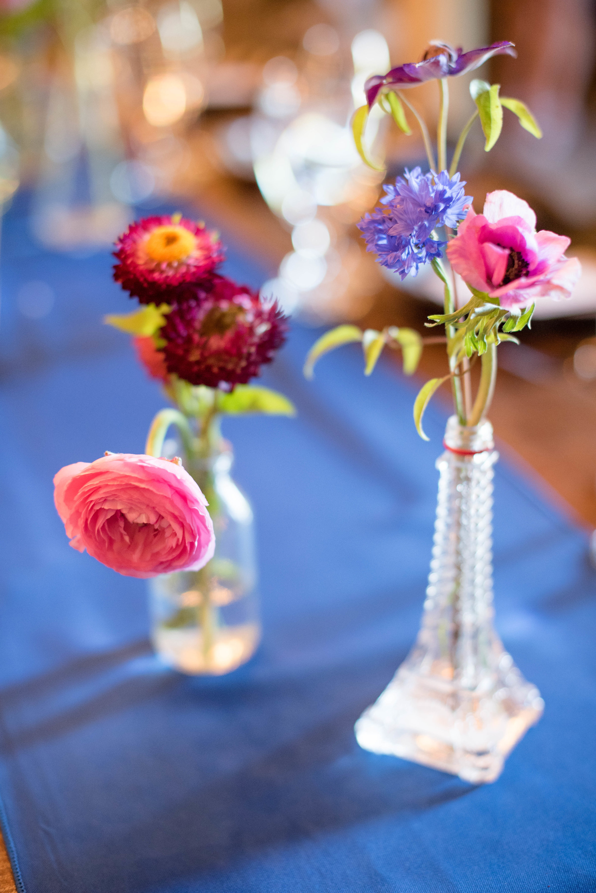 Ranunculus and cornflower bud vases // Nashville Wedding Florist