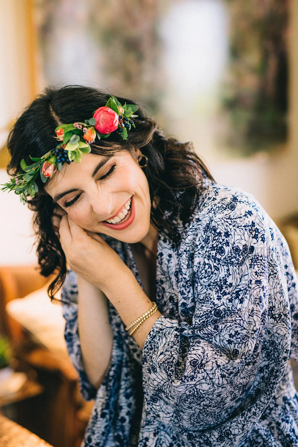 Getting Ready shot in robe with flower crown // Nashville Wedding Florist