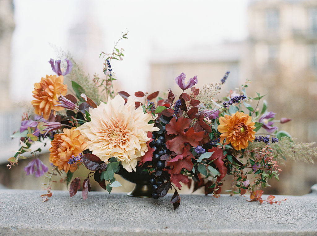 Paris Elopement Floral Design // Lush, untamed wedding flowers with dahlias and grapes