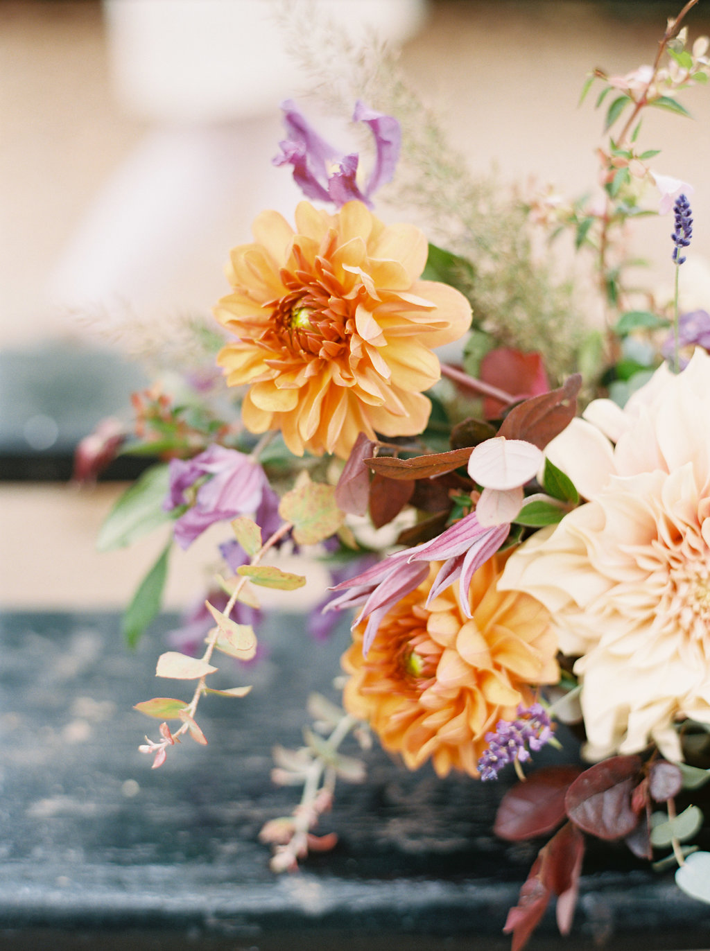 Organic, lush floral centerpiece with cafe au lait dahlias and French lavender // Paris Wedding Floral Design