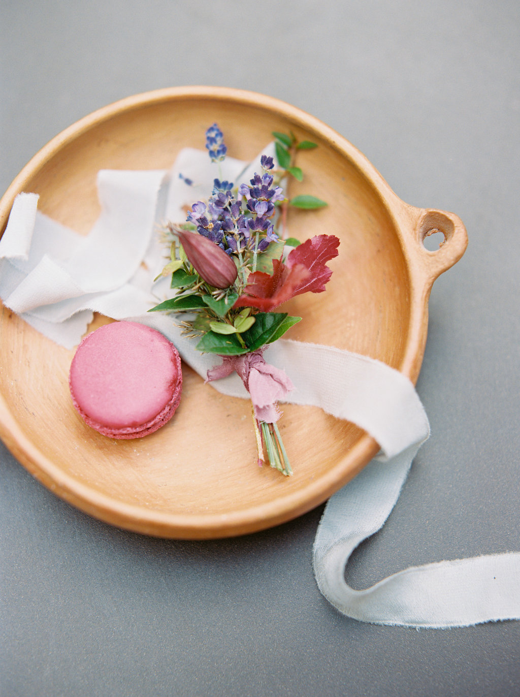 French Macarons, French lavender boutonniere, silk ribbon // Paris Elopement Floral Design