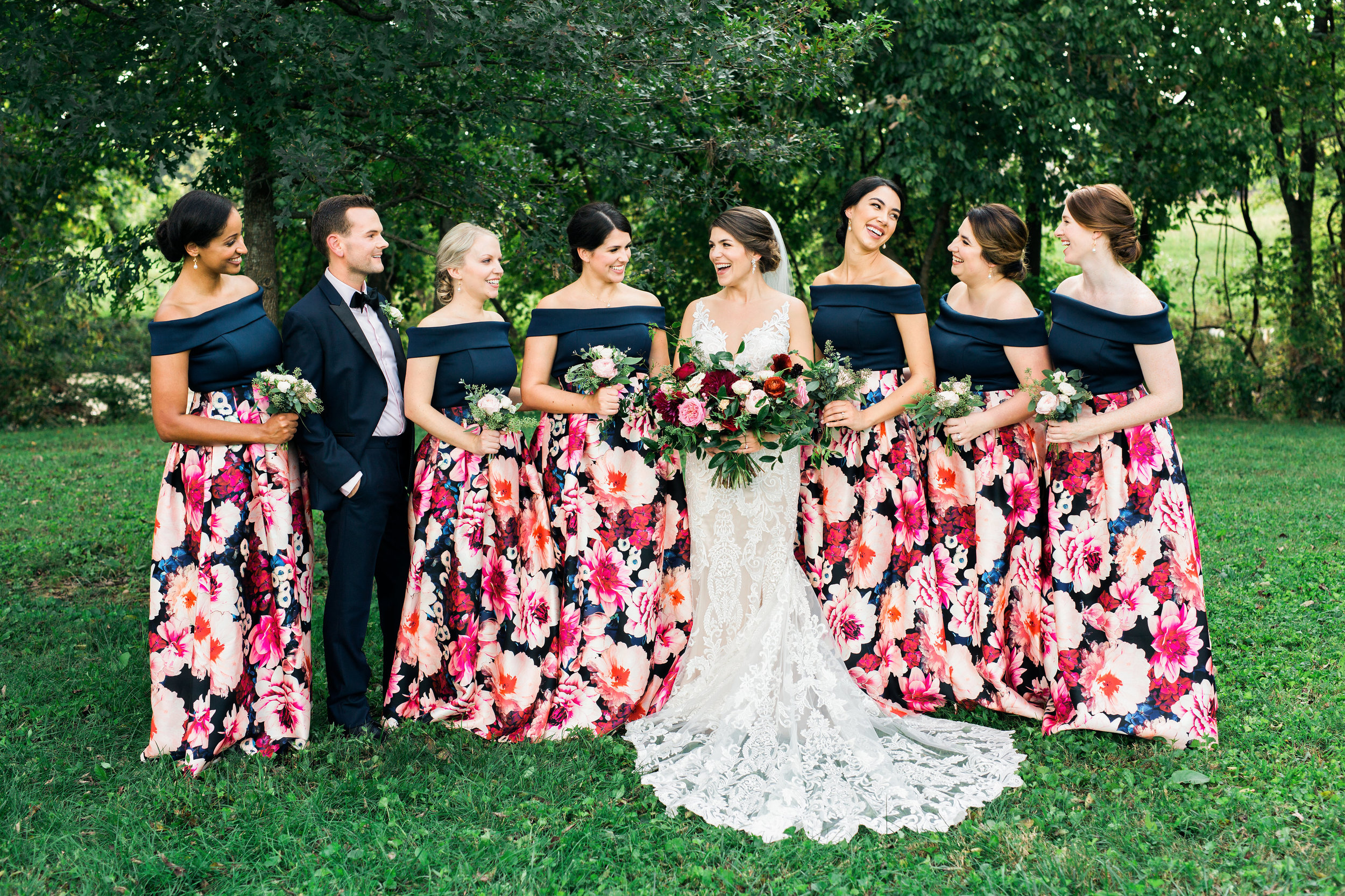 Bold floral print skirts--bridesmaid style // Lush, organic marsala wedding flowers in Nashville
