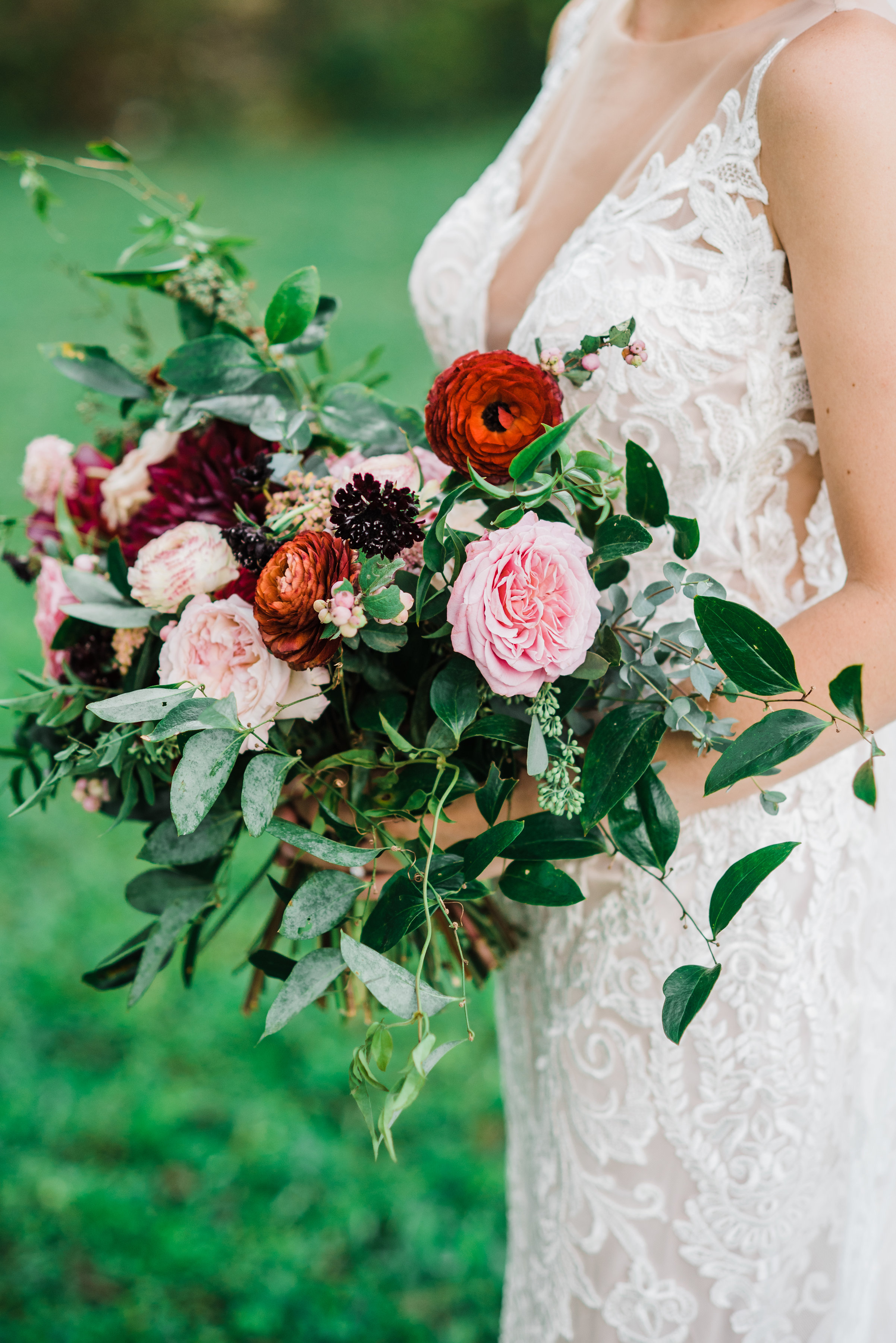 Ombre marsala bridal bouquet with dahlias, garden roses, and ranunculus // Nashville Wedding Florist