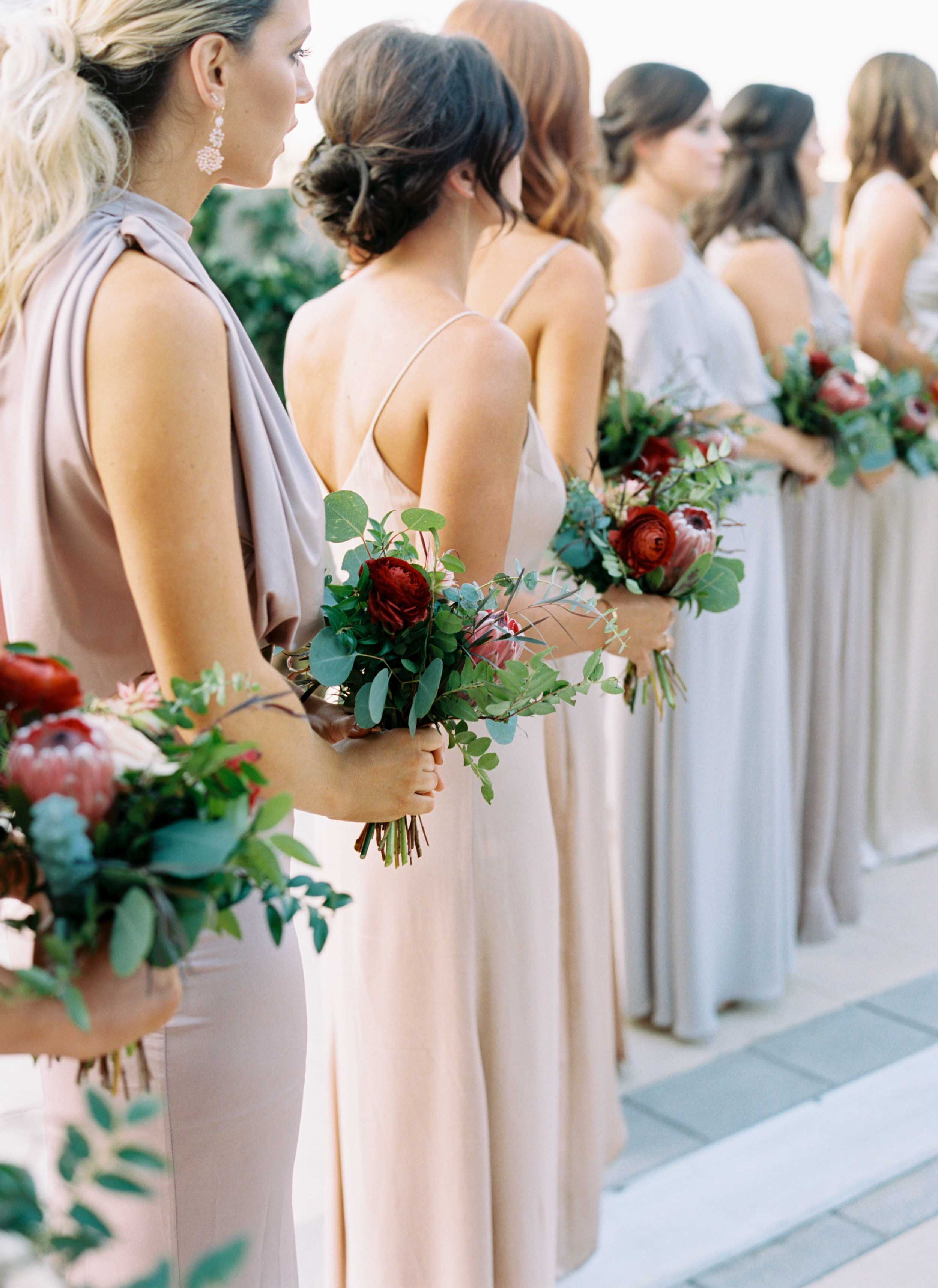 Muted pastel bridesmaid dresses with marsala florals // Nashville Wedding Florist