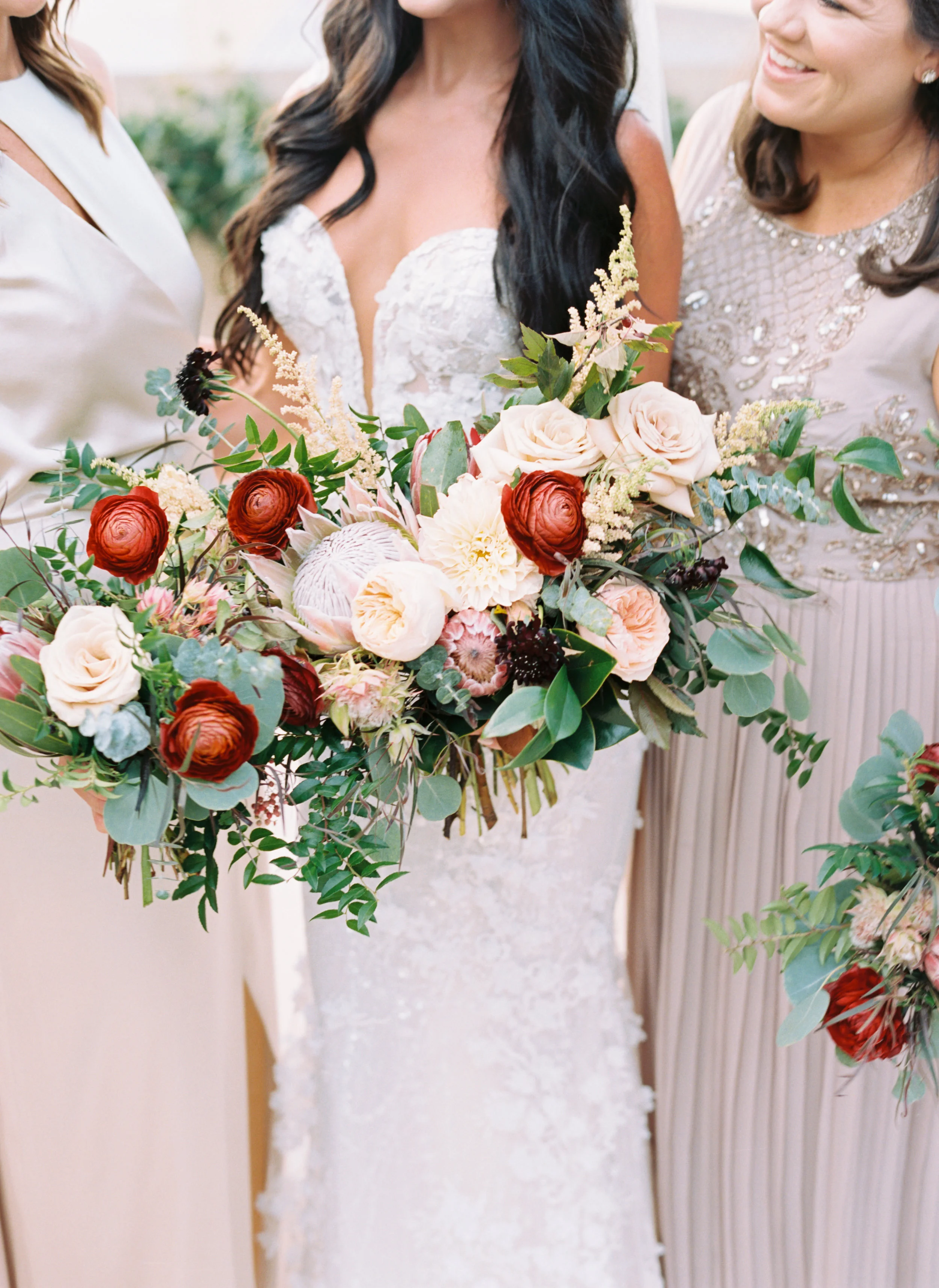 Muted pastel bridesmaid style with pops of marsala and burgundy florals // Nashville Wedding Floral Design