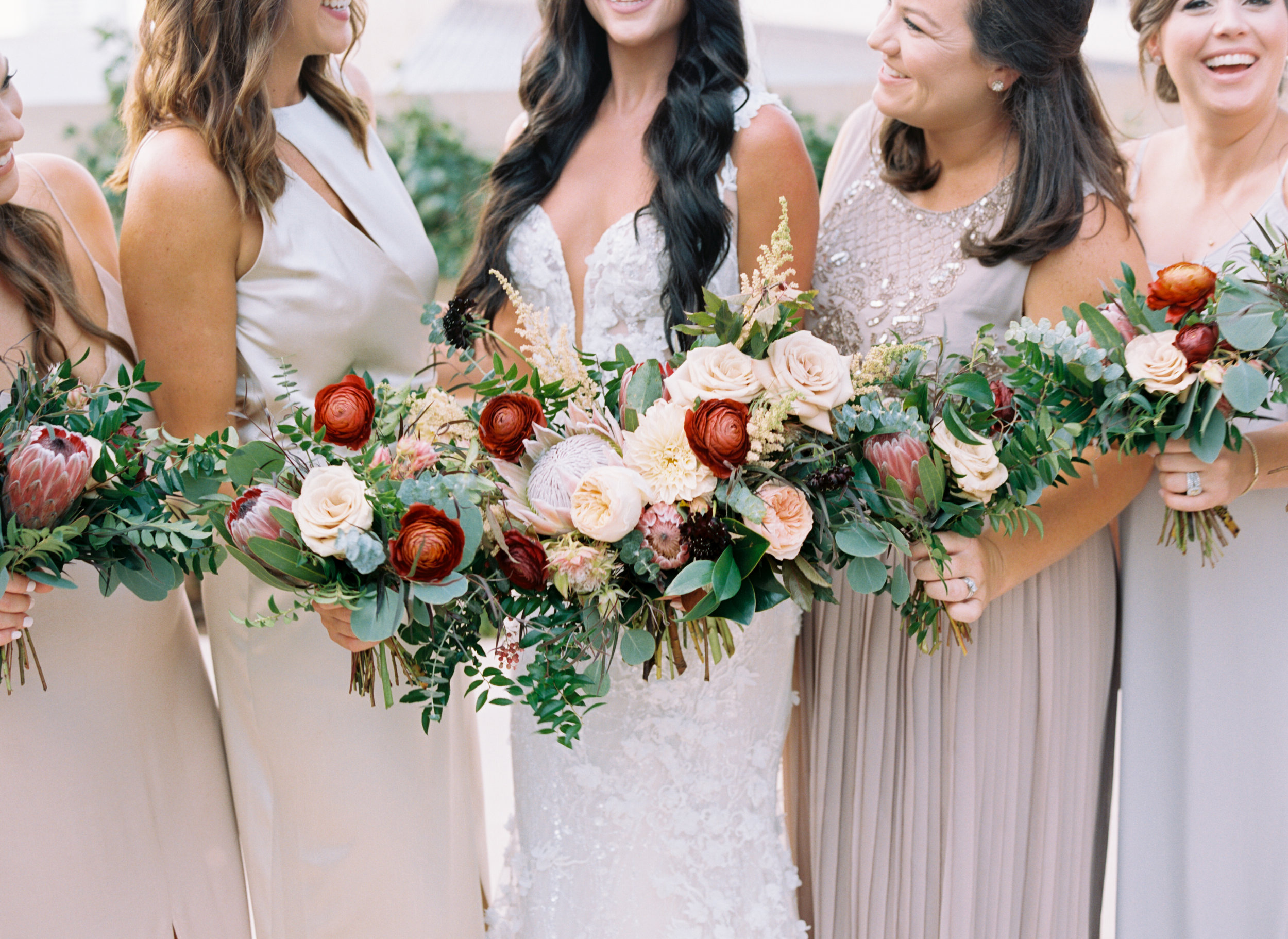 Muted pastel bridesmaid style with pops of marsala and burgundy florals // Nashville Wedding Floral Design