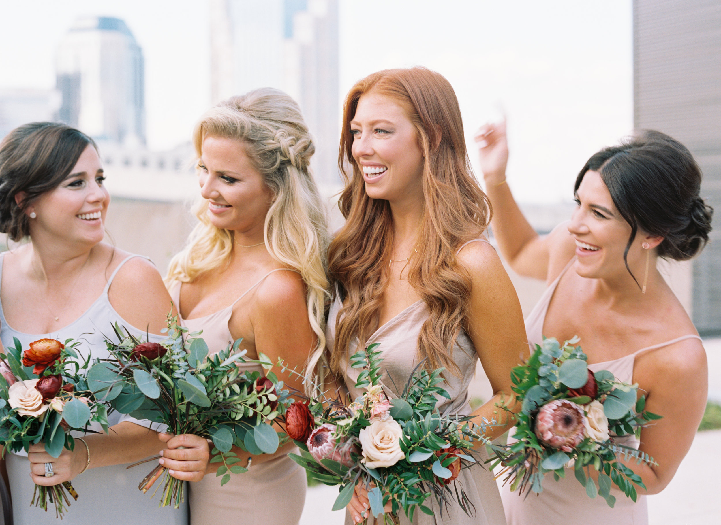 Muted pastel bridesmaid style with pops of marsala and burgundy florals // Nashville Wedding Floral Design