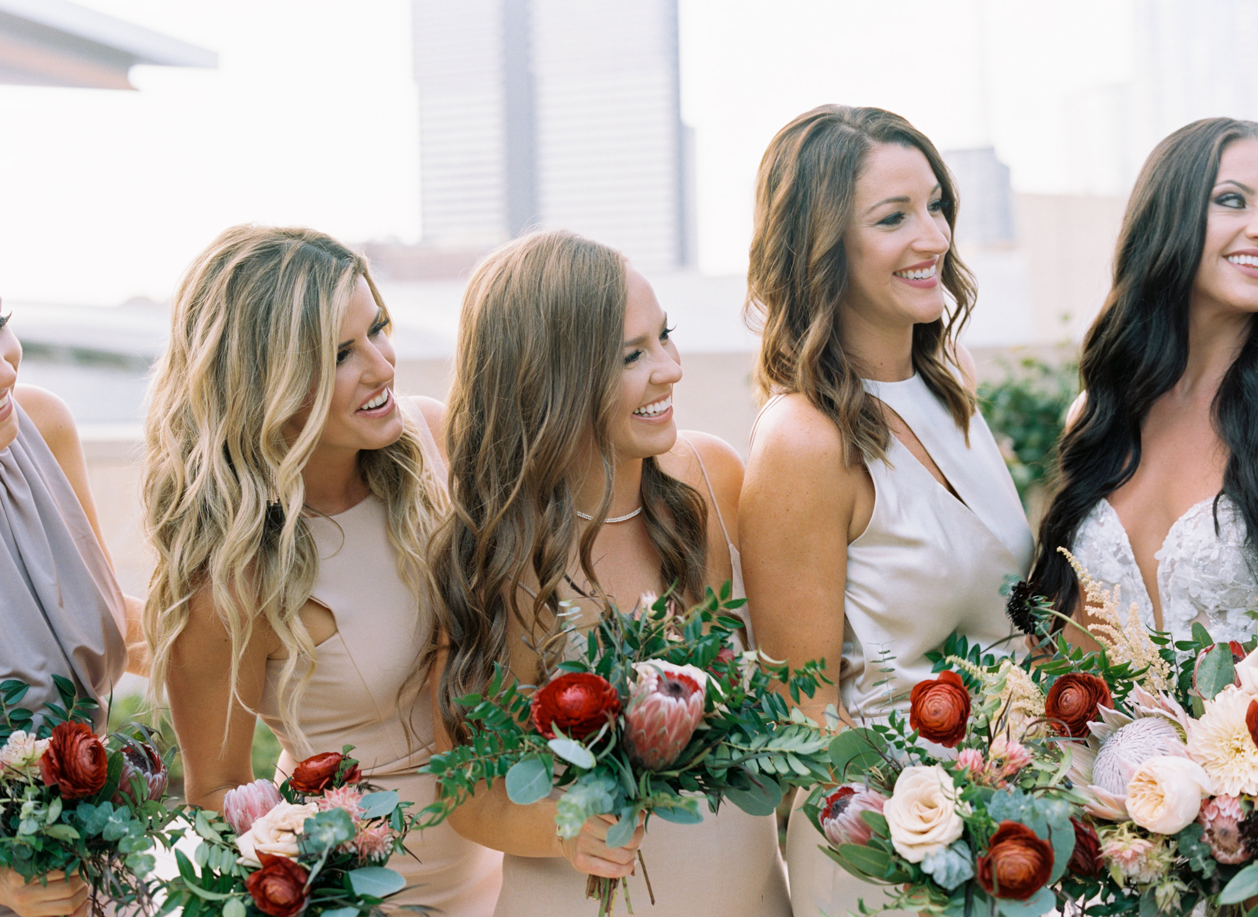 Muted pastel bridesmaid style with pops of marsala and burgundy florals // Nashville Wedding Floral Design