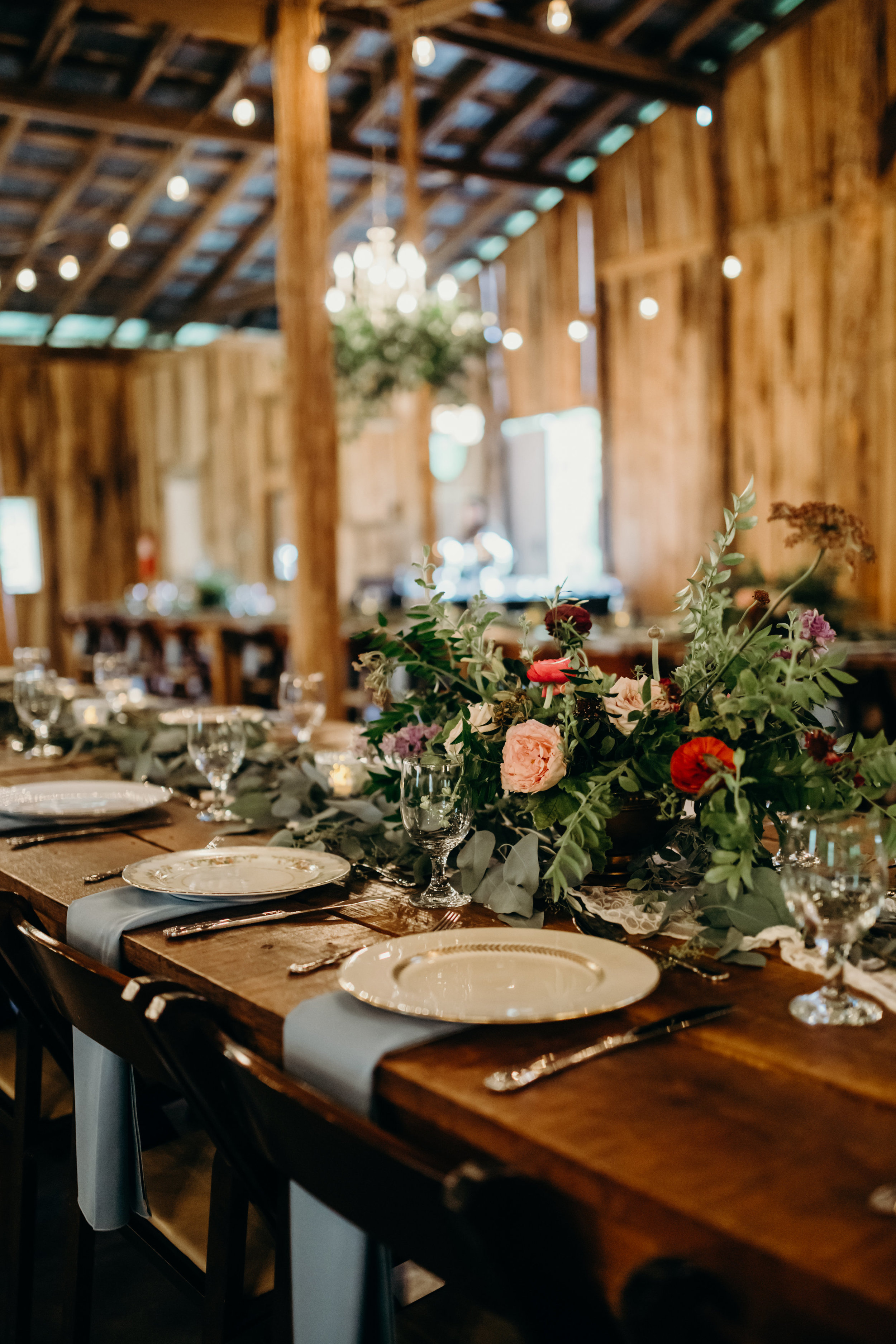 Greenery chandeliers and lush table garlands // Meadow Hill Farm Wedding