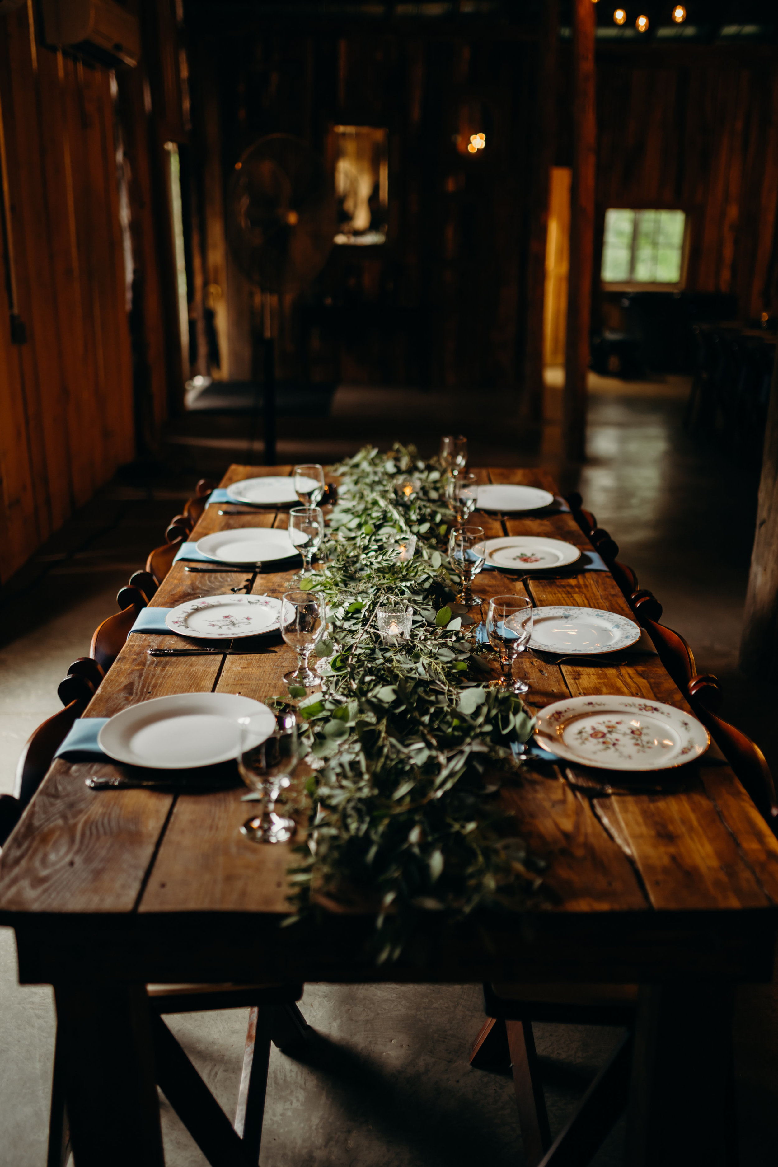 Greenery chandeliers and lush table garlands // Meadow Hill Farm Wedding
