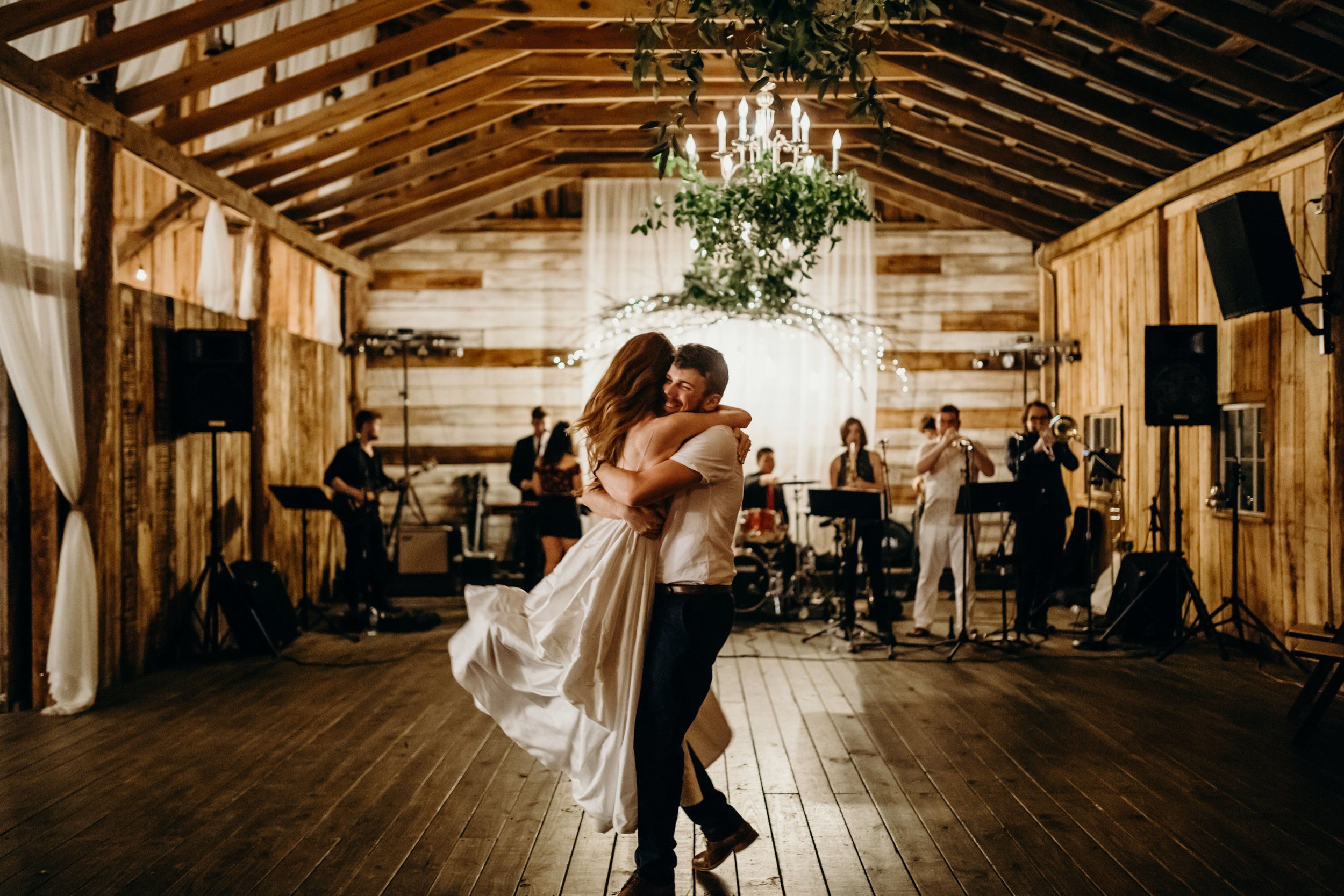First dance under greenery chandeliers // Meadow Hill Farm Wedding, Nashville, TN