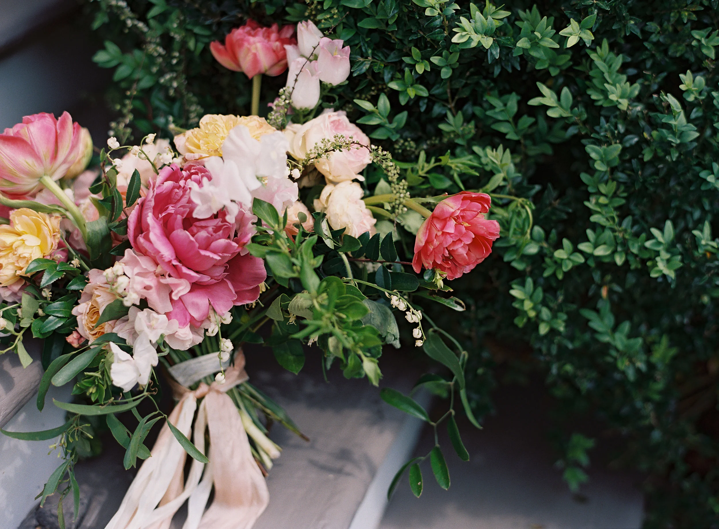Lush bridal bouquet of peonies, tulips, lily of the valley, garden roses, and sweet peas  // Nashville Wedding Floral Design