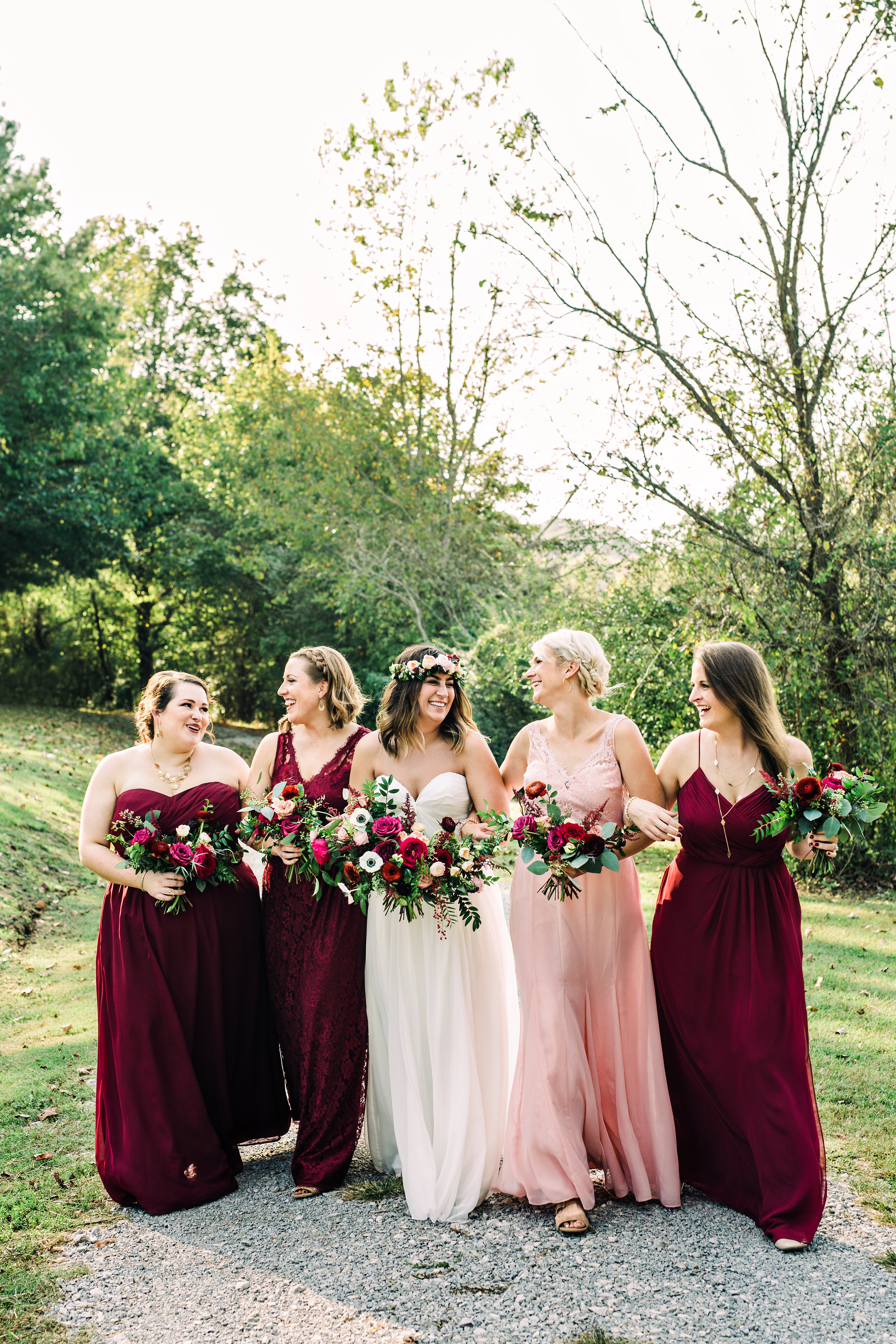 Bridesmaids in burgundy and blush // Meadow Hill Farm Wedding Flowers