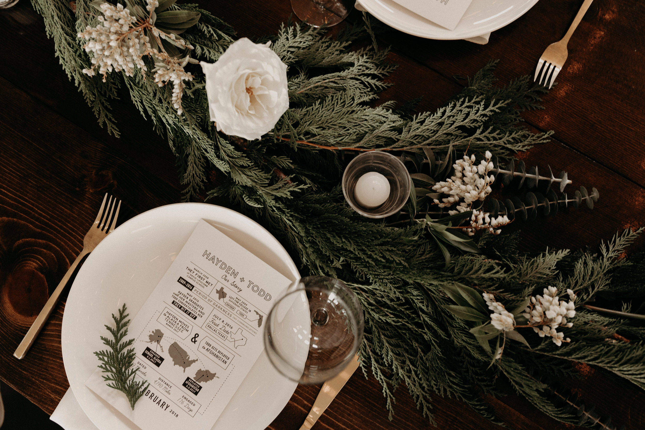 Alaska inspired winter wedding // Cedar table runners with white roses and pieris  // Nashville Wedding Florist