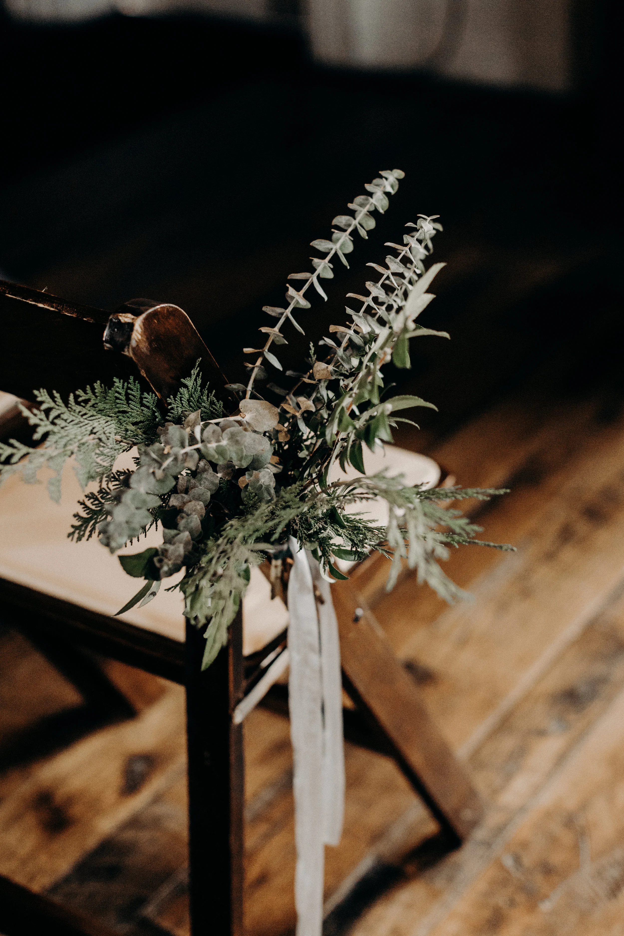 Lush greenery aisle markers tied on with grey silk ribbon  // Nashville Wedding Florist