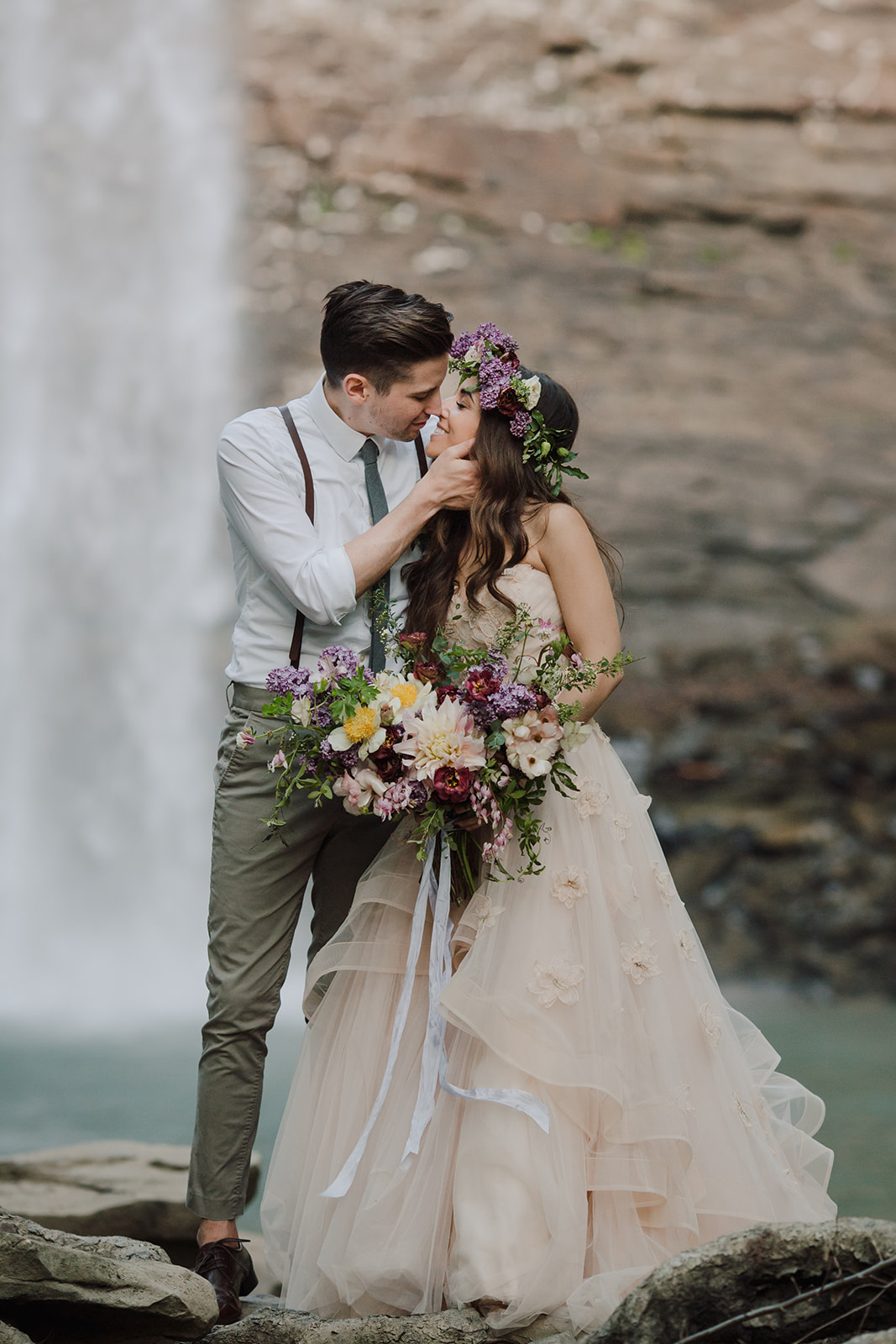 Natural, trailing bridal bouquet and flower crown with a blush wedding dress // Middle TN Waterfall Vow Renewal Floral Design